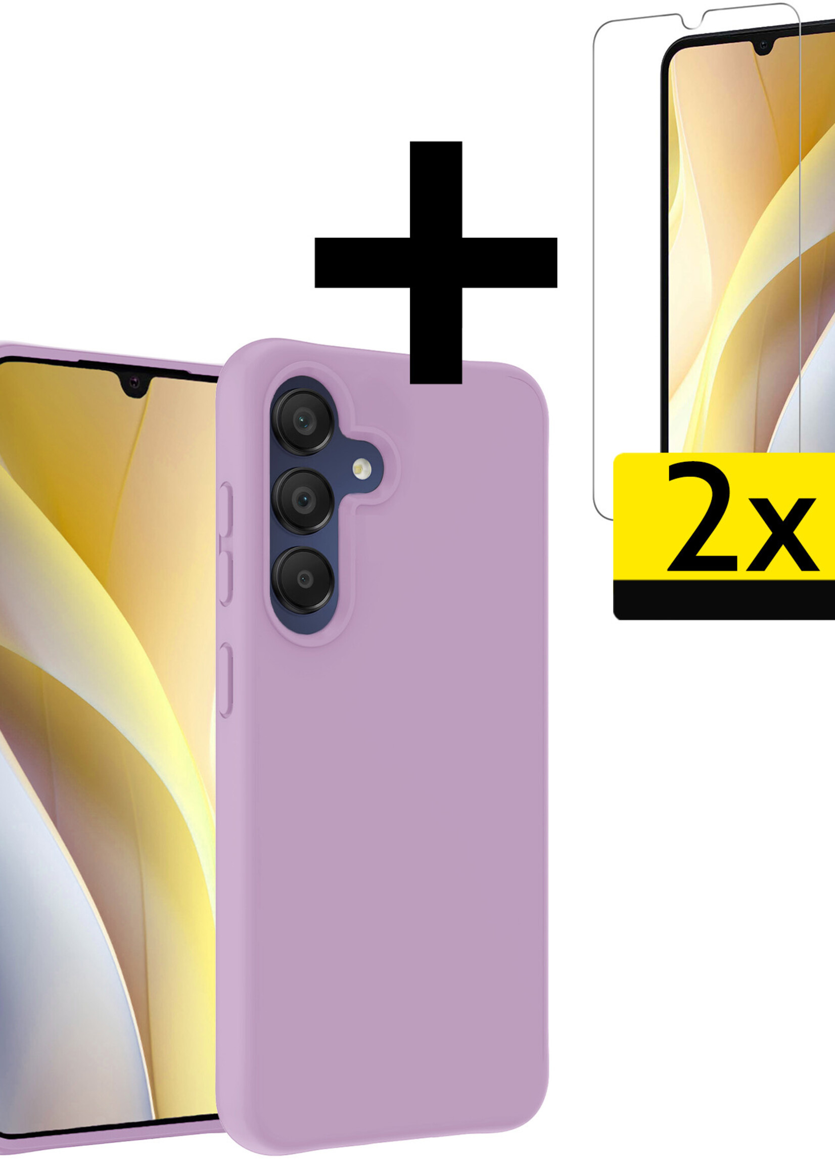 LUQ Hoesje Geschikt voor Samsung A15 Hoesje Siliconen Case Met 2x Screenprotector - Hoes Geschikt voor Samsung Galaxy A15 Hoes Siliconen - Lila