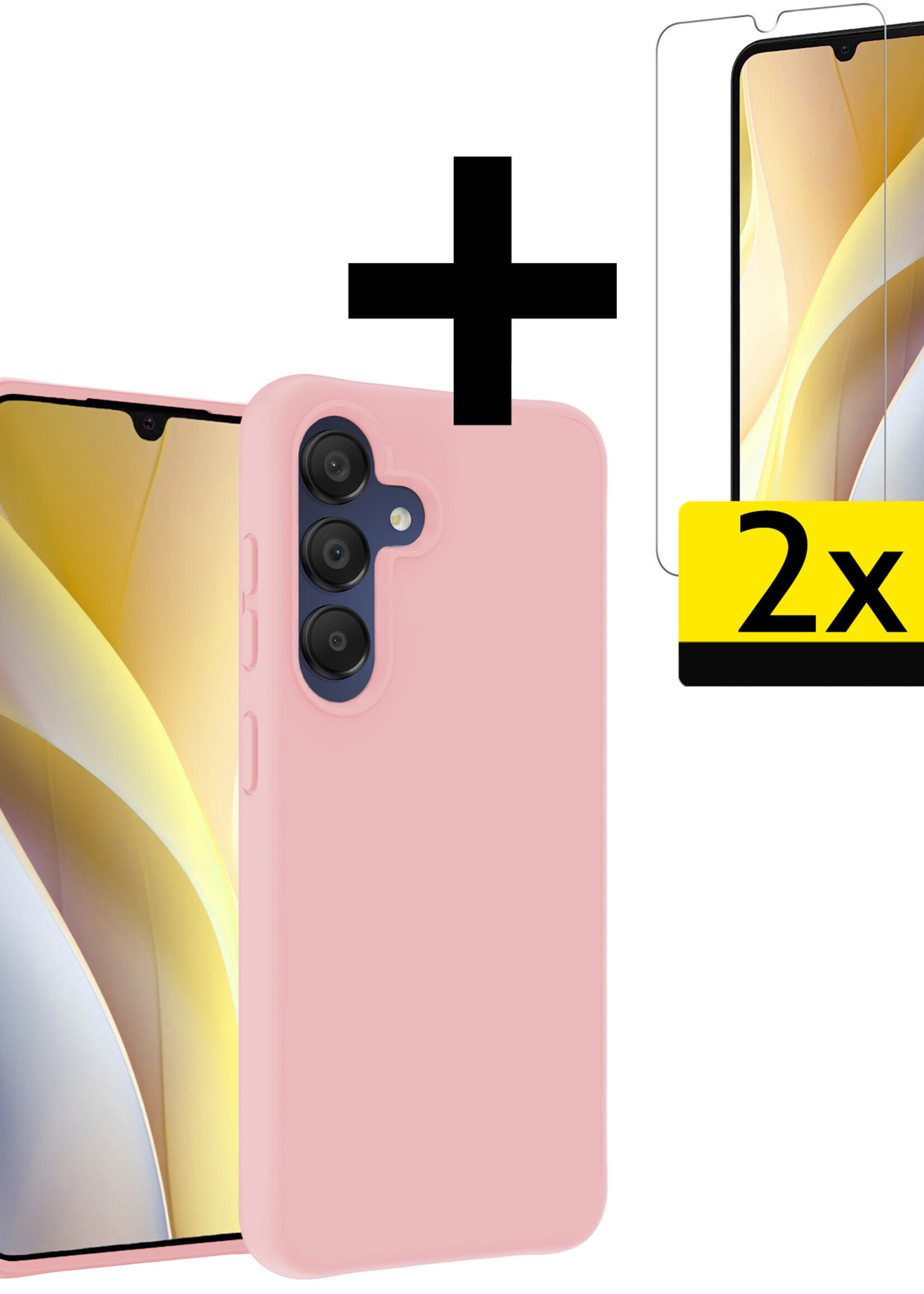 LUQ Hoesje Geschikt voor Samsung A15 Hoesje Siliconen Case Met 2x Screenprotector - Hoes Geschikt voor Samsung Galaxy A15 Hoes Siliconen - Lichtroze
