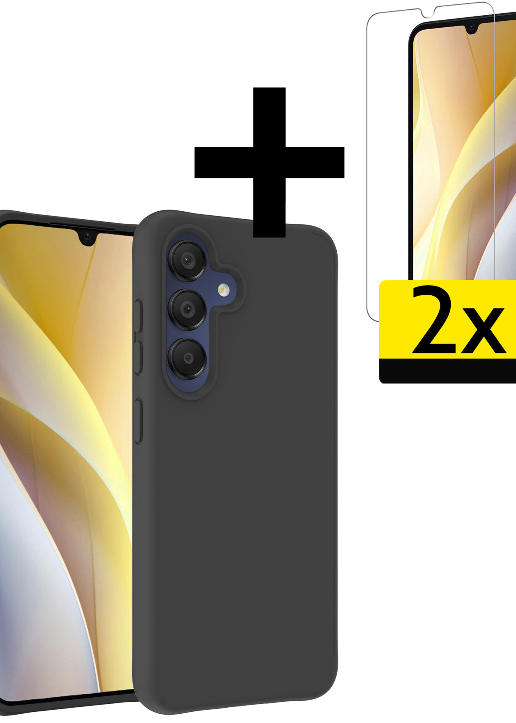 LUQ Hoesje Geschikt voor Samsung A15 Hoesje Siliconen Case Met 2x Screenprotector - Hoes Geschikt voor Samsung Galaxy A15 Hoes Siliconen - Zwart