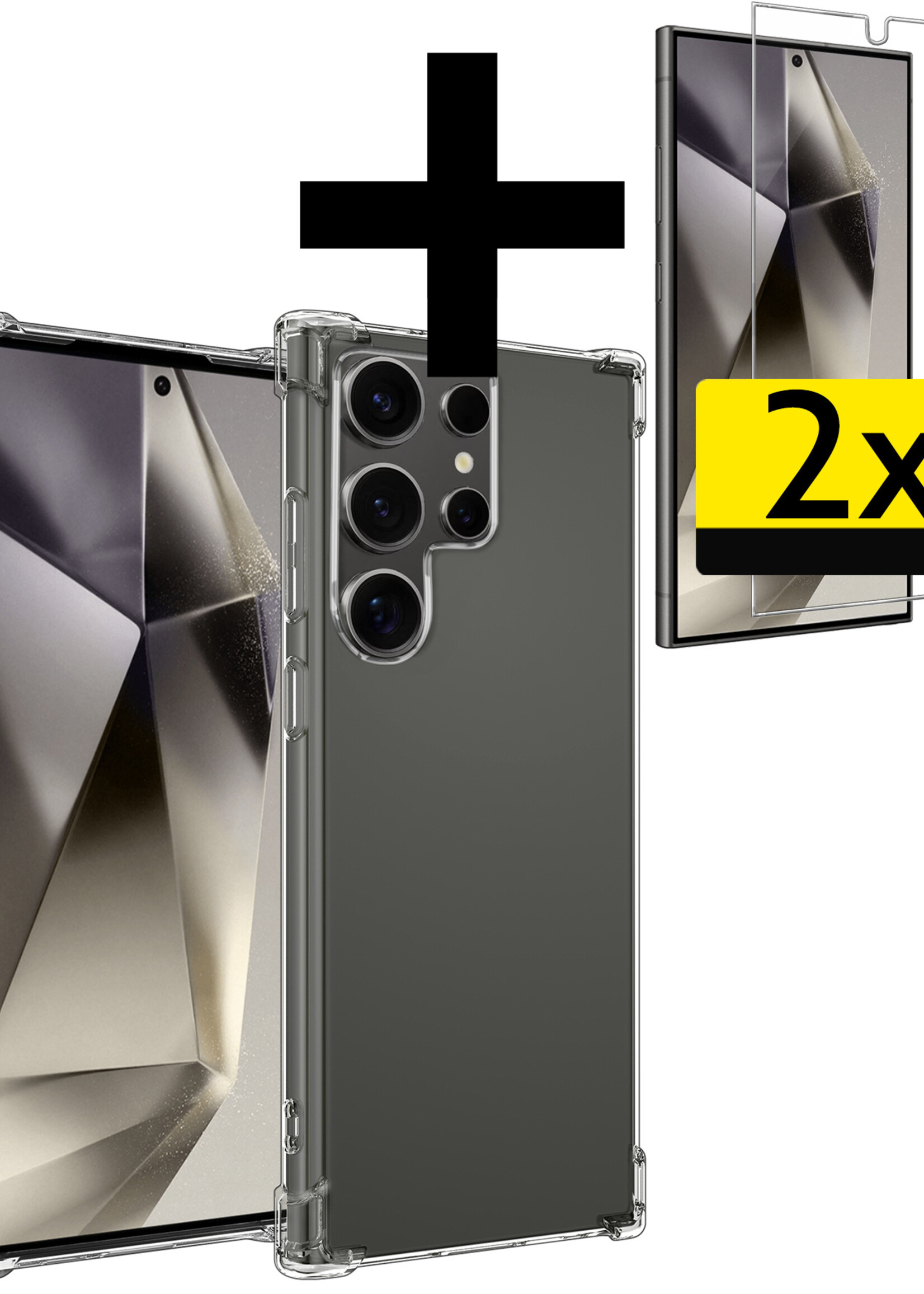 LUQ Hoesje Geschikt voor Samsung S24 Ultra Hoesje Shockproof Case Siliconen Met 2x Screenprotector - Hoes Geschikt voor Samsung Galaxy S24 Ultra Hoes Cover Siliconen - Transparant