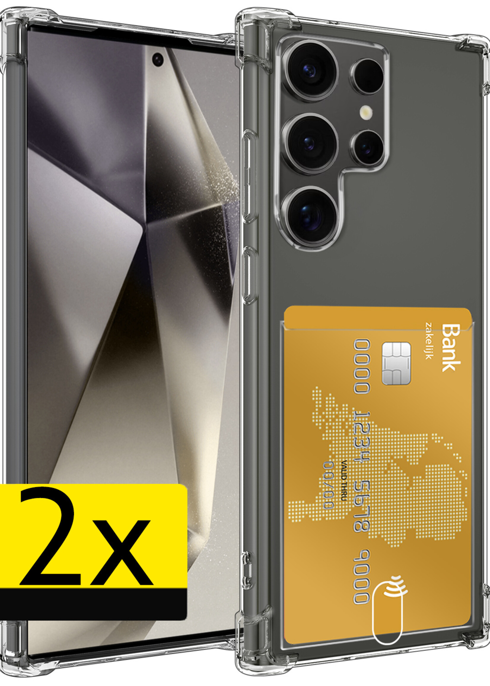 LUQ Hoesje Geschikt voor Samsung S24 Ultra Hoesje Case Pashouder Cover Siliconen - Hoes Geschikt voor Samsung Galaxy S24 Ultra Hoesje Met Kaarthouder - Transparant - 2 Stuks