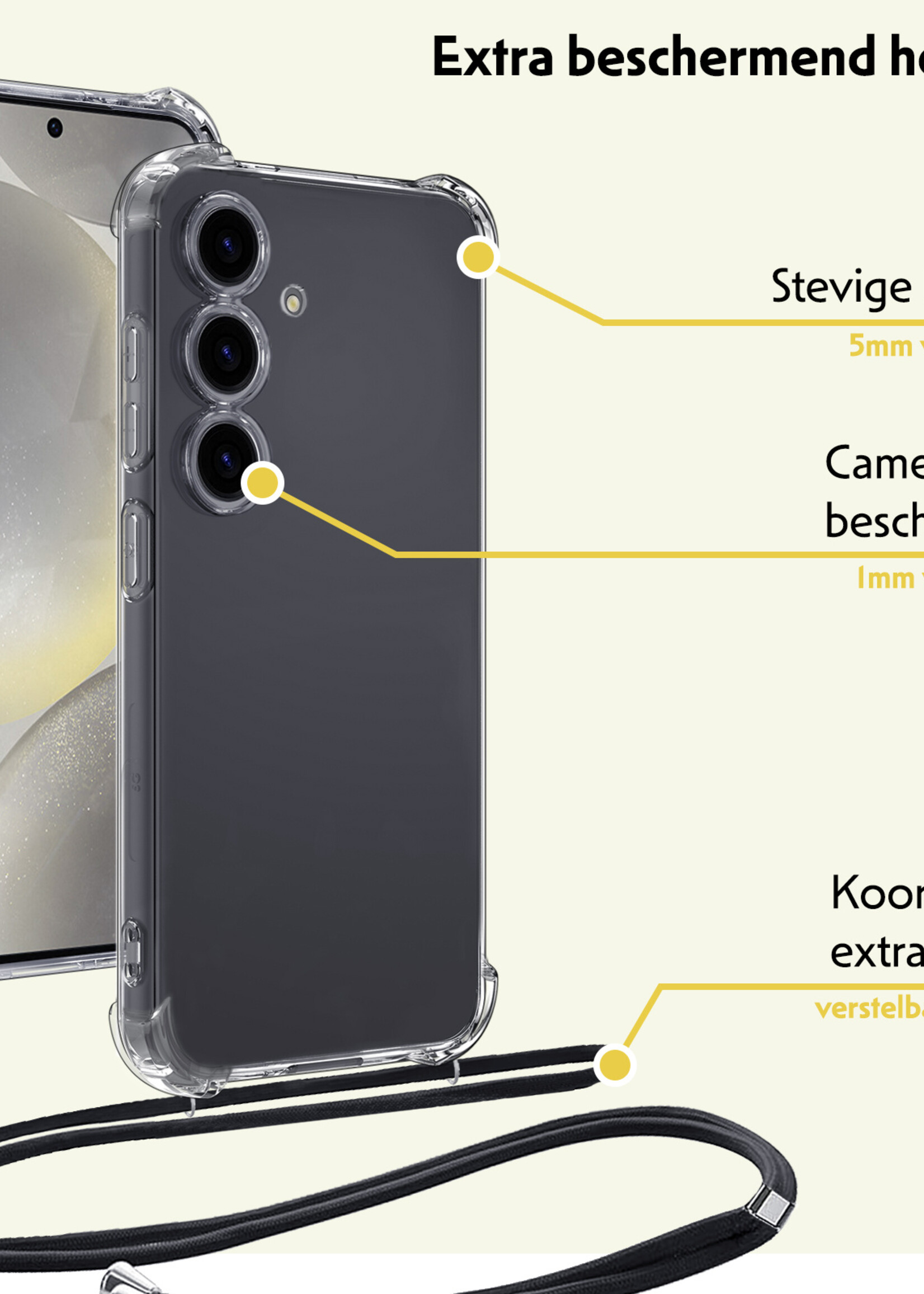 LUQ Hoesje Geschikt voor Samsung S24 Hoesje Shockproof Case Siliconen Hoes Met Koord - Transparant