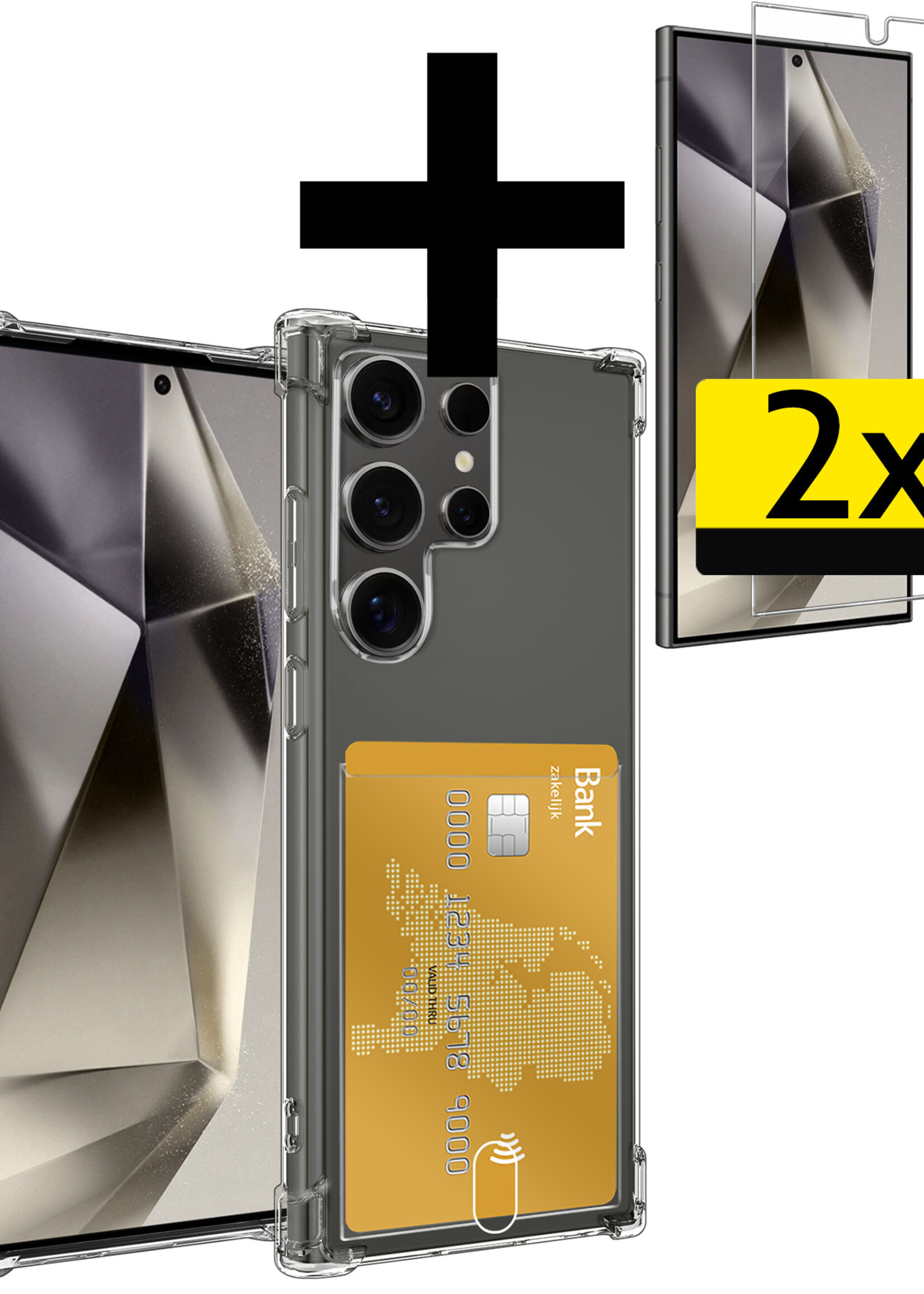 LUQ Hoesje Geschikt voor Samsung S24 Ultra Hoesje Case Pashouder Cover Siliconen Met 2x Screenprotector - Hoes Geschikt voor Samsung Galaxy S24 Ultra Hoesje Met Kaarthouder- Transparant