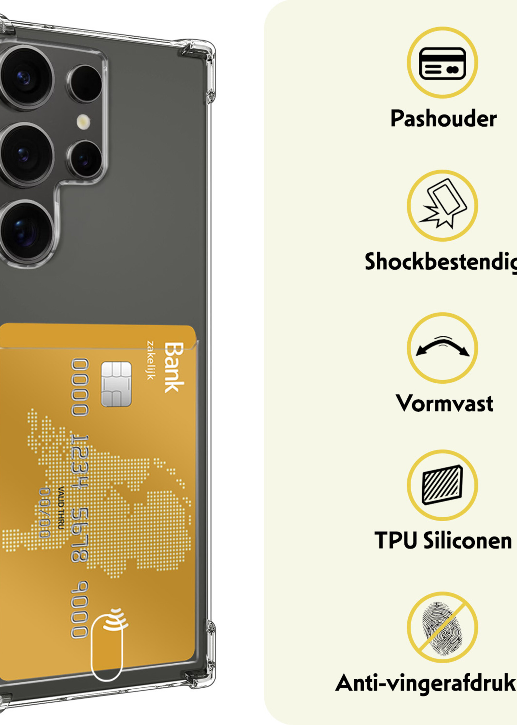 LUQ Hoesje Geschikt voor Samsung S24 Ultra Hoesje Case Pashouder Cover Siliconen Met 2x Screenprotector - Hoes Geschikt voor Samsung Galaxy S24 Ultra Hoesje Met Kaarthouder- Transparant