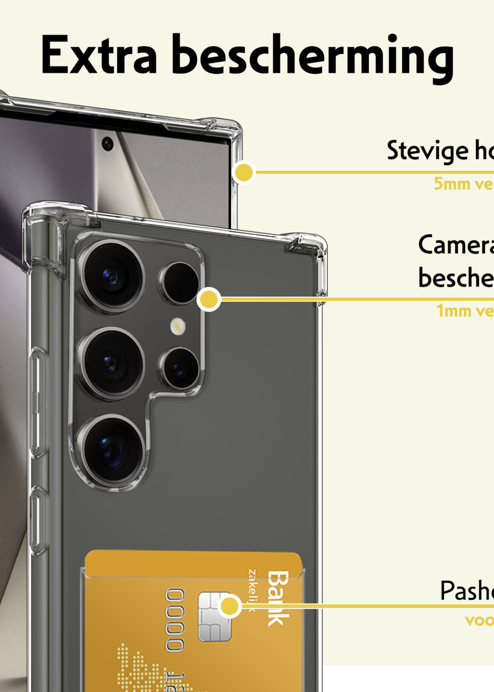 LUQ Hoesje Geschikt voor Samsung S24 Ultra Hoesje Case Pashouder Cover Siliconen - Hoes Geschikt voor Samsung Galaxy S24 Ultra Hoesje Met Kaarthouder - Transparant - 2 Stuks