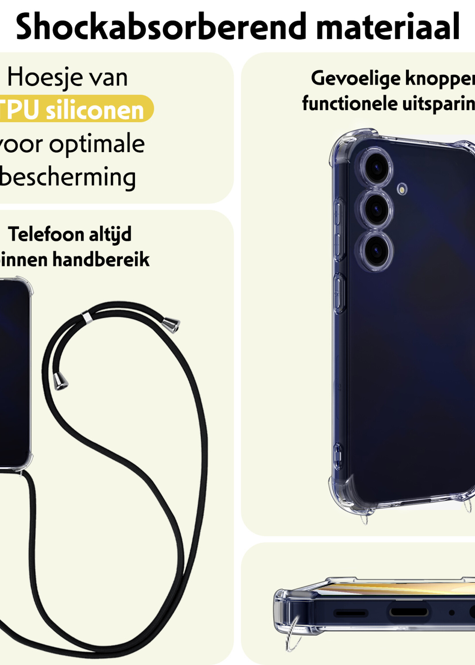 LUQ Hoesje Geschikt voor Samsung A15 Hoesje Shockproof Case Siliconen Hoes Met Koord - Transparant