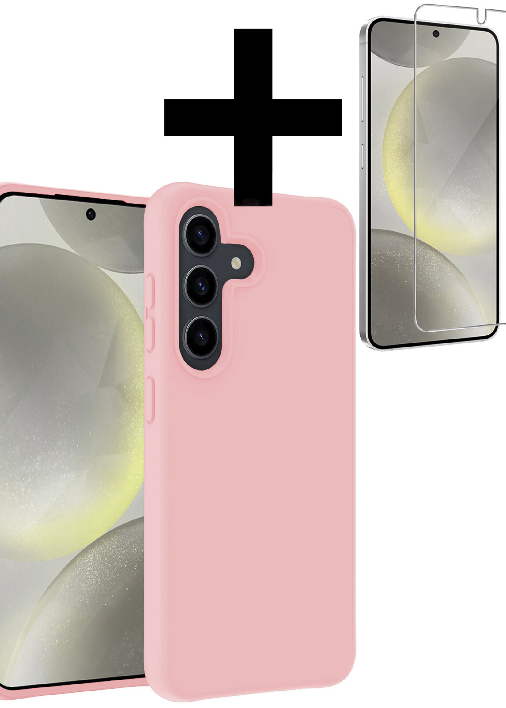 LUQ Hoesje Geschikt voor Samsung S24 Plus Hoesje Siliconen Case Met Screenprotector - Hoes Geschikt voor Samsung Galaxy S24 Plus Hoes Siliconen - Lichtroze