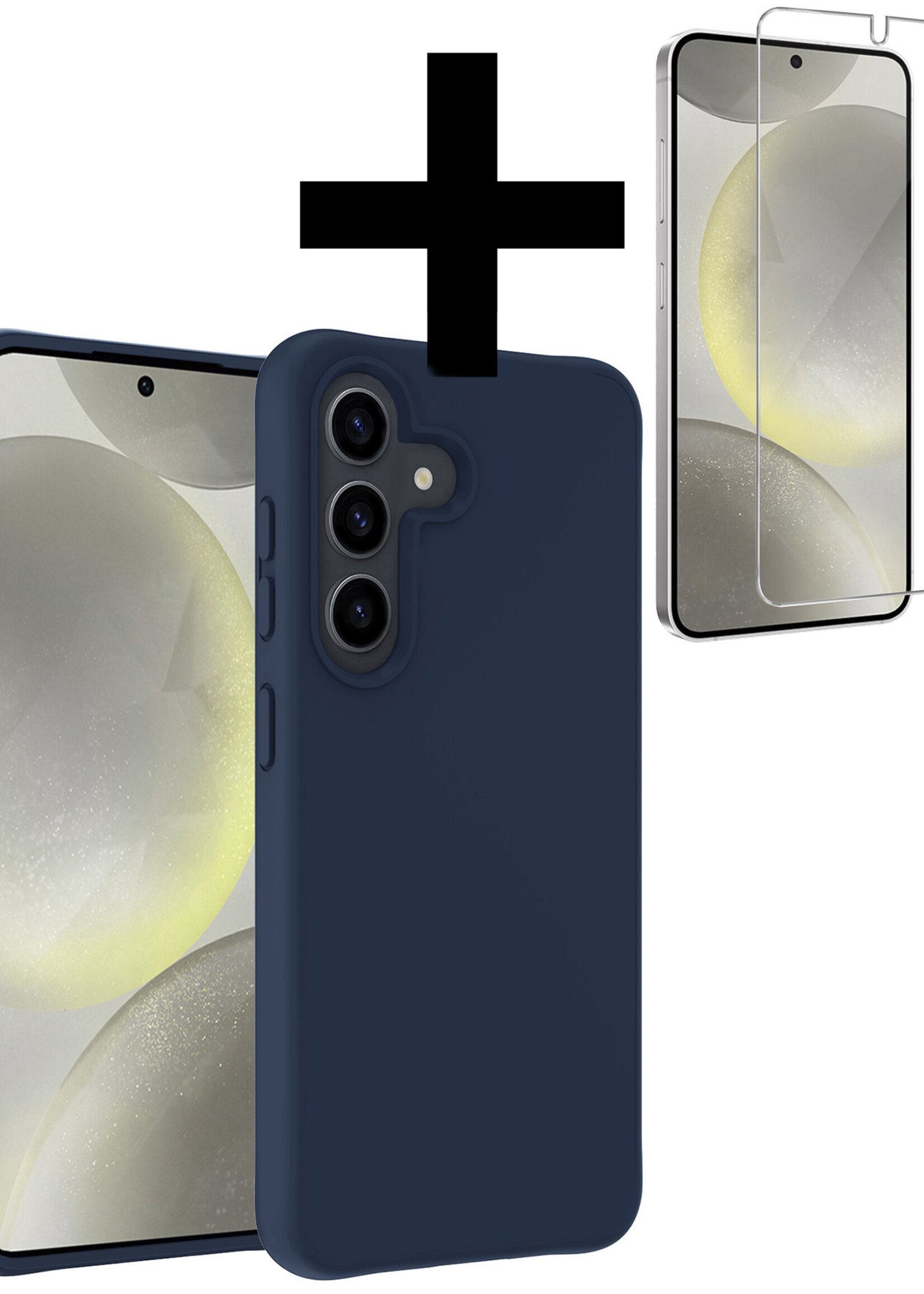 LUQ Hoesje Geschikt voor Samsung S24 Plus Hoesje Siliconen Case Met Screenprotector - Hoes Geschikt voor Samsung Galaxy S24 Plus Hoes Siliconen - Donkerblauw