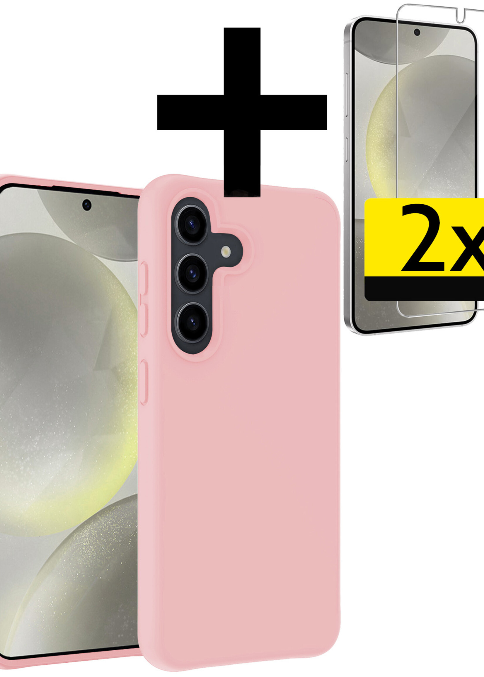 LUQ Hoesje Geschikt voor Samsung S24 Hoesje Siliconen Case Met 2x Screenprotector - Hoes Geschikt voor Samsung Galaxy S24 Hoes Siliconen - Lichtroze