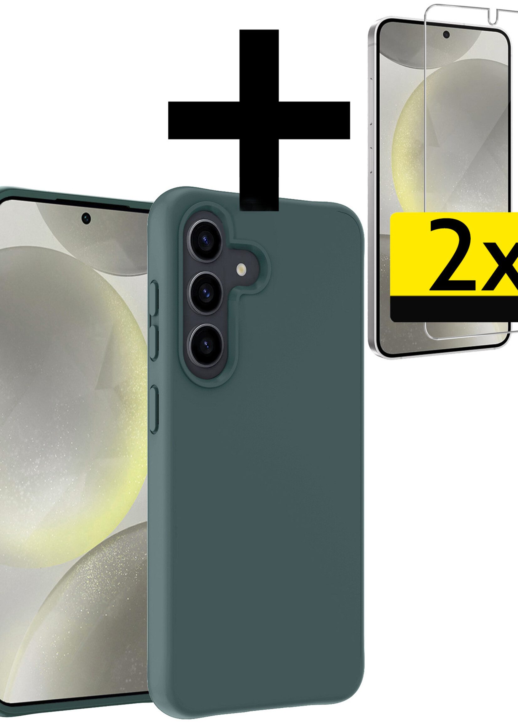 LUQ Hoesje Geschikt voor Samsung S24 Hoesje Siliconen Case Met 2x Screenprotector - Hoes Geschikt voor Samsung Galaxy S24 Hoes Siliconen - Donkergroen