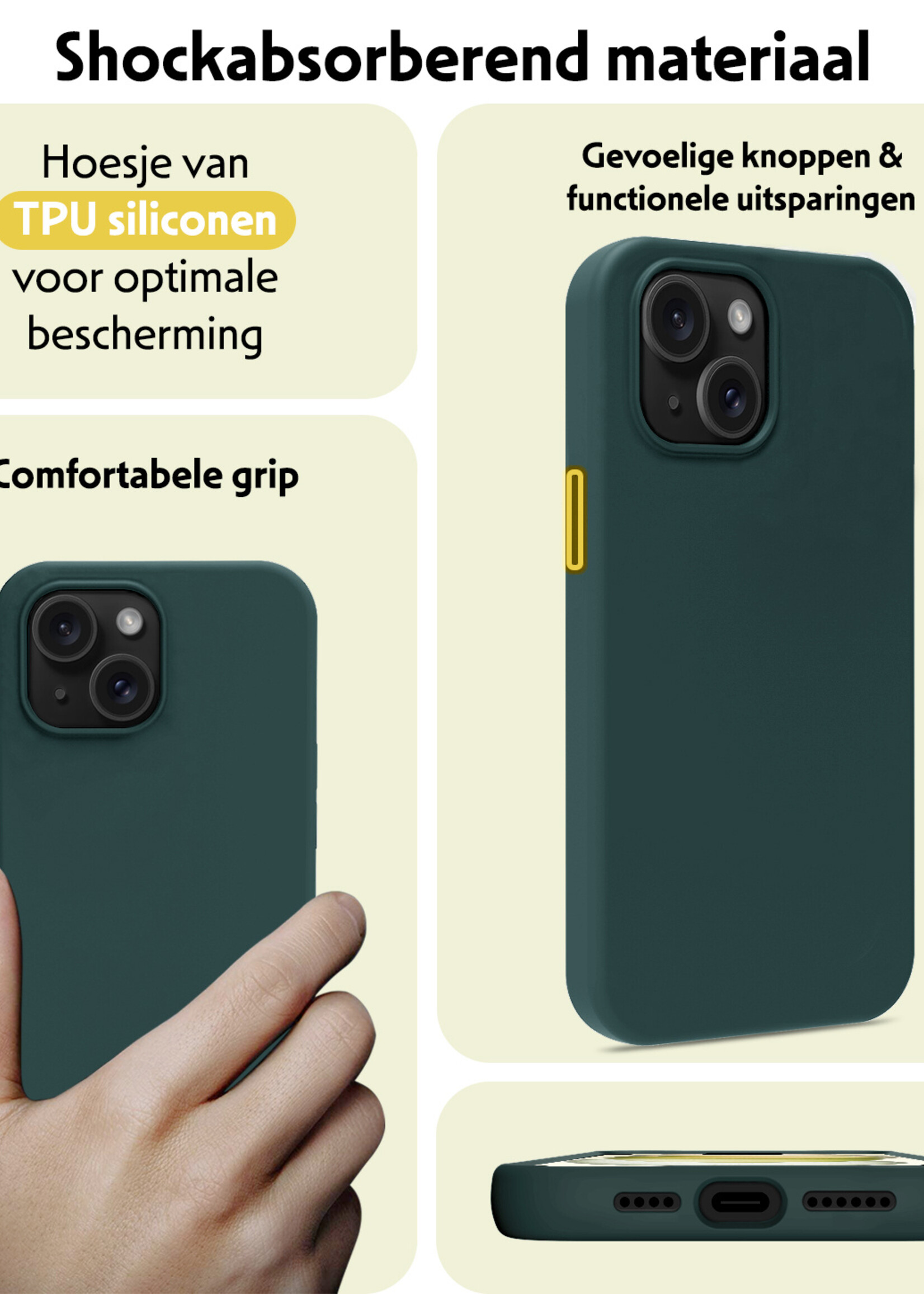 LUQ Hoesje Geschikt voor iPhone 15 Plus Hoesje Siliconen Case Met 2x Screenprotector - Hoes Geschikt voor iPhone 15 Plus Hoes Siliconen - Donkergroen