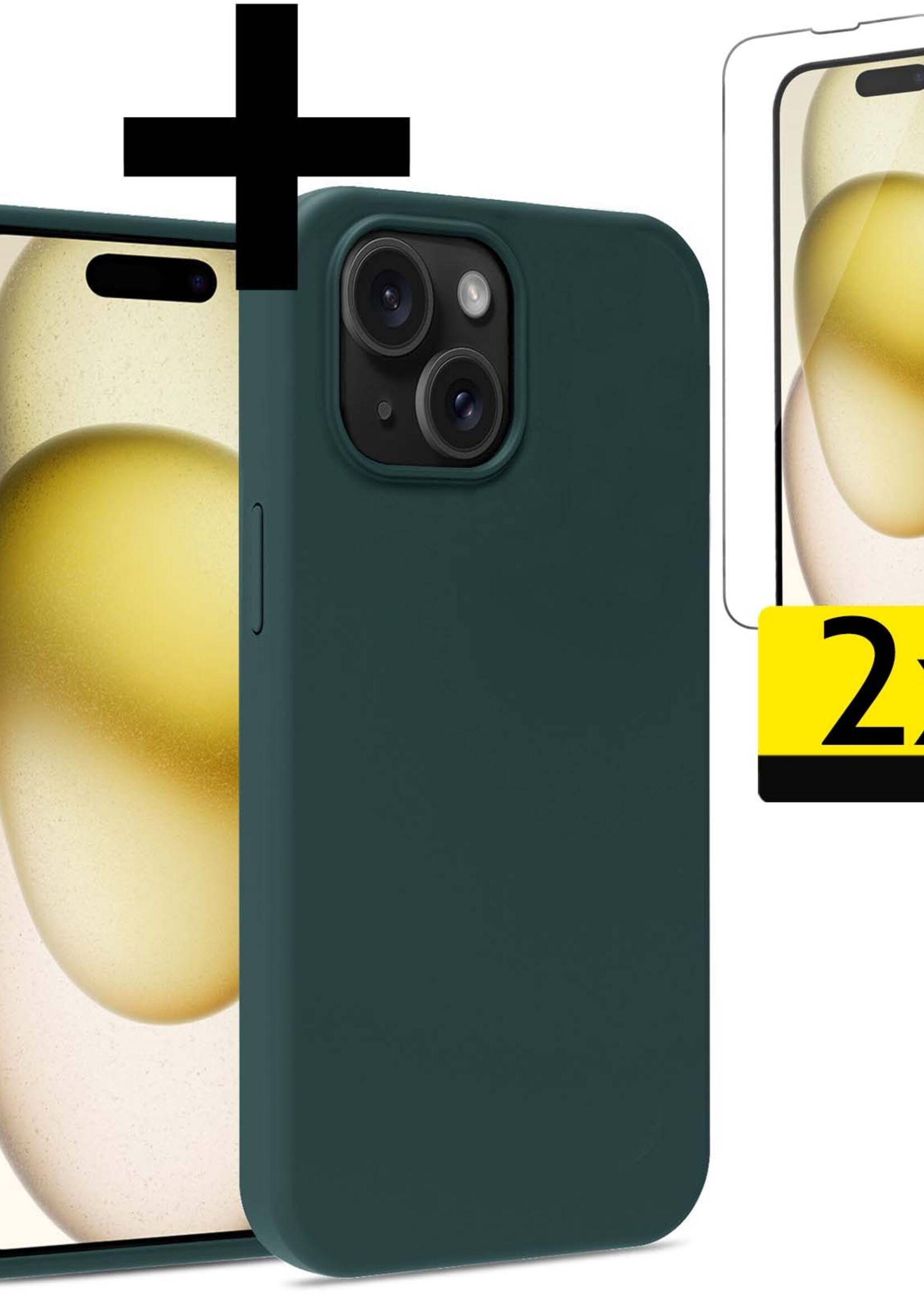 LUQ Hoesje Geschikt voor iPhone 15 Hoesje Siliconen Case Met 2x Screenprotector - Hoes Geschikt voor iPhone 15 Hoes Siliconen - Donkergroen