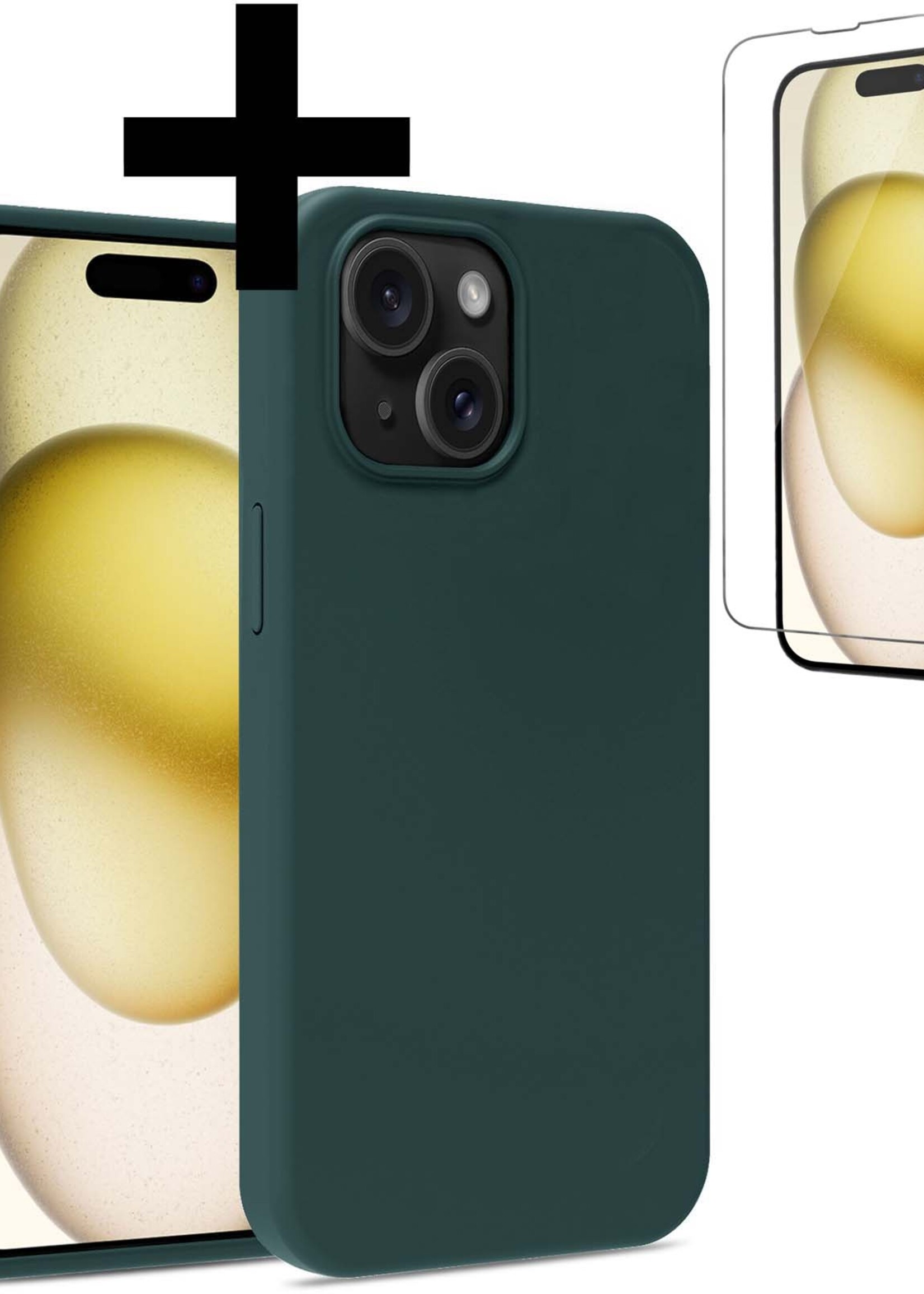 LUQ Hoesje Geschikt voor iPhone 15 Plus Hoesje Siliconen Case Met Screenprotector - Hoes Geschikt voor iPhone 15 Plus Hoes Siliconen - Donkergroen