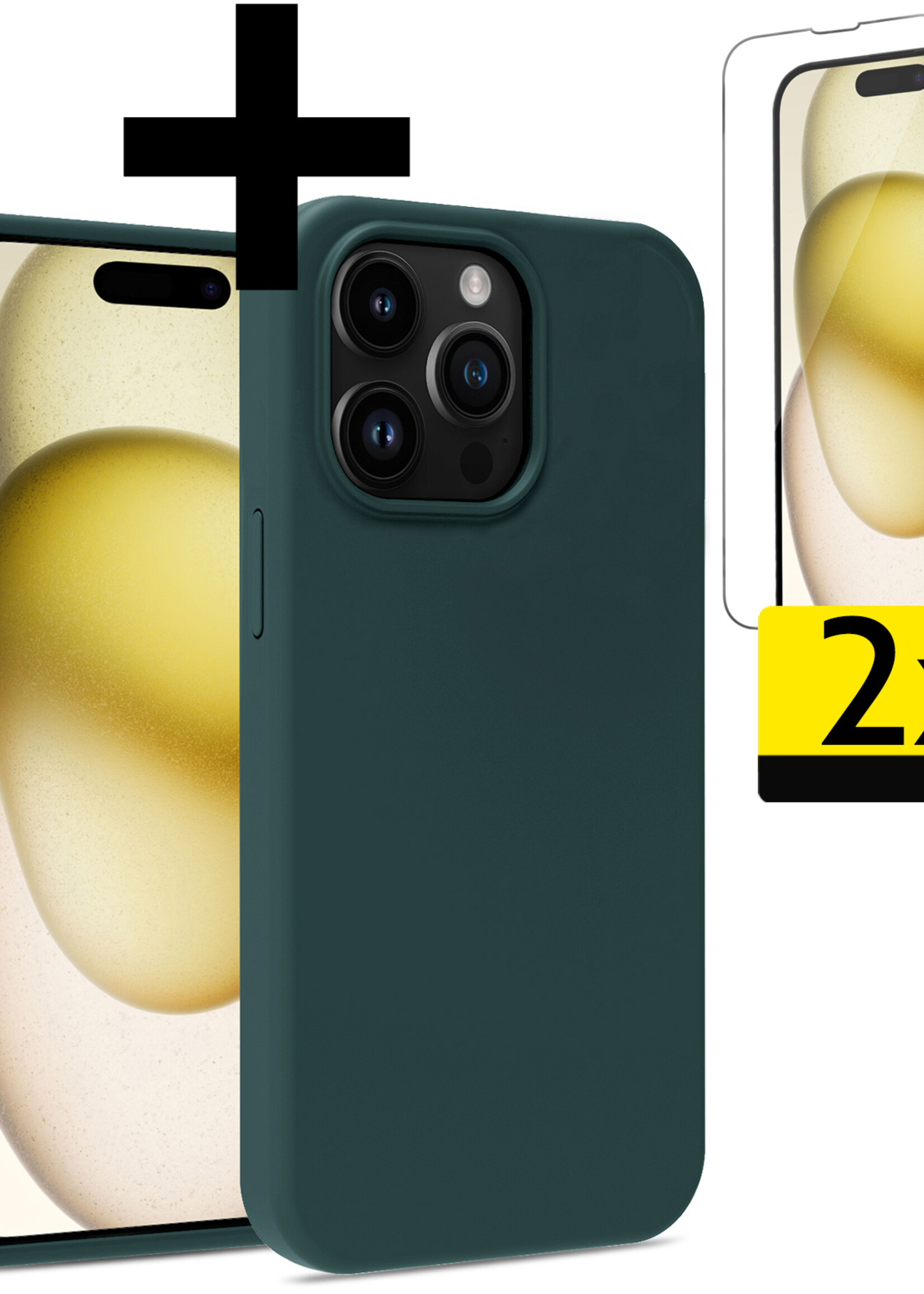 LUQ Hoesje Geschikt voor iPhone 15 Pro Hoesje Siliconen Case Met 2x Screenprotector - Hoes Geschikt voor iPhone 15 Pro Hoes Siliconen - Donkergroen