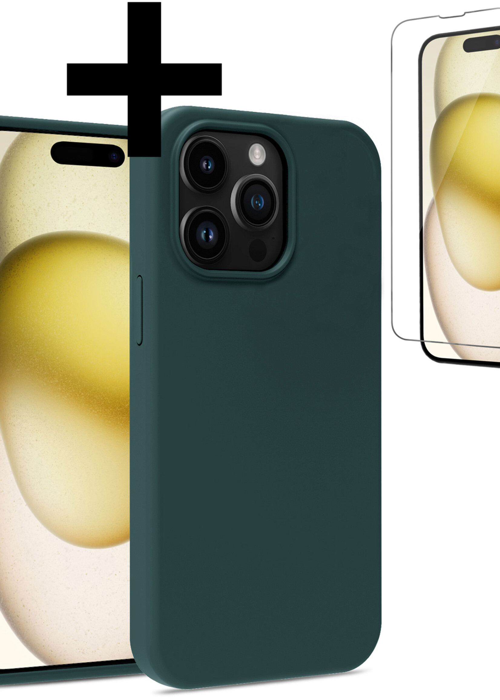 LUQ Hoesje Geschikt voor iPhone 15 Pro Max Hoesje Siliconen Case Met Screenprotector - Hoes Geschikt voor iPhone 15 Pro Max Hoes Siliconen - Donkergroen