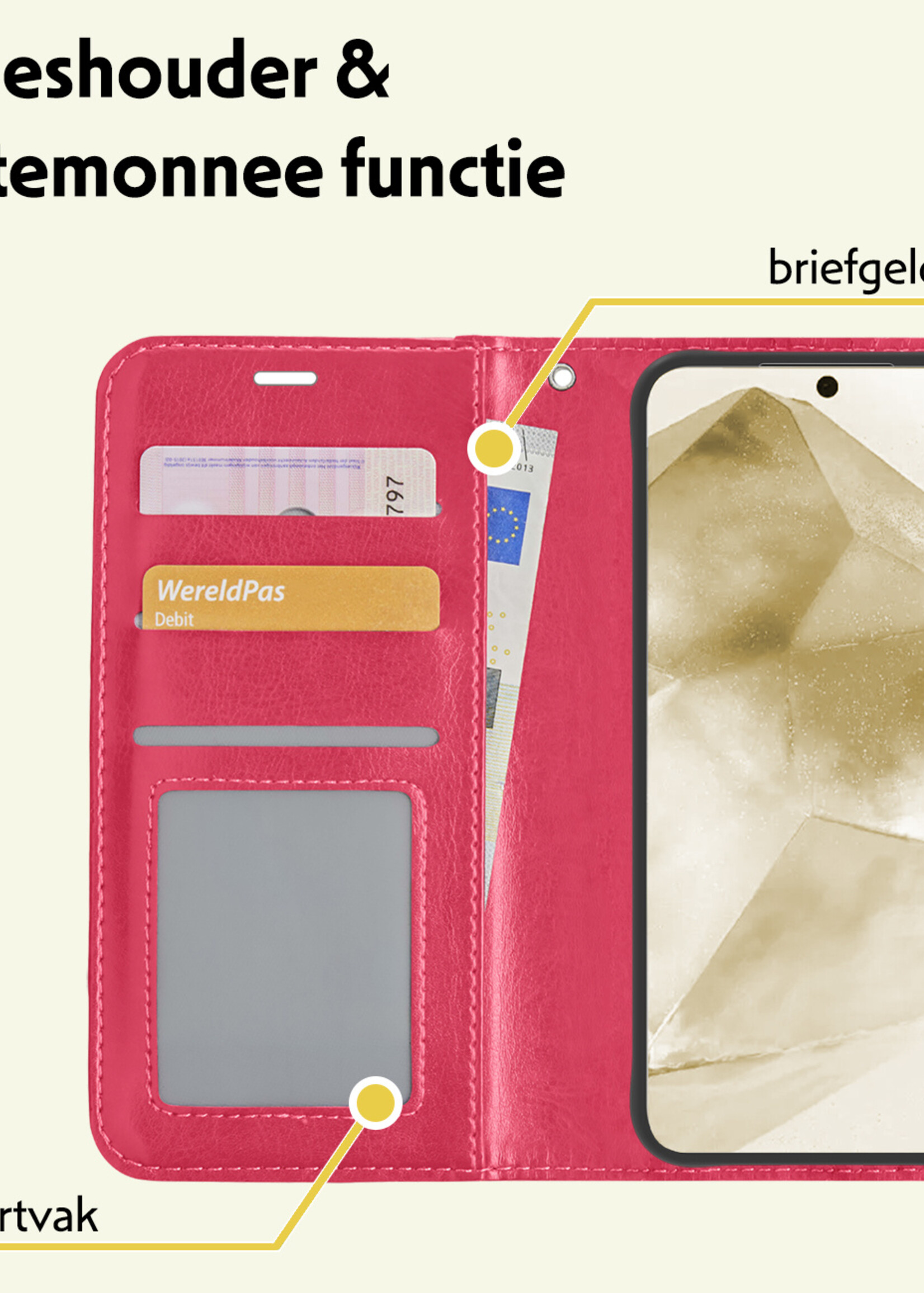 LUQ Hoesje Geschikt voor Samsung A55 Hoesje Book Case Hoes Wallet Cover - Hoes Geschikt voor Samsung Galaxy A55 Hoesje Bookcase Hoes - Donkerroze