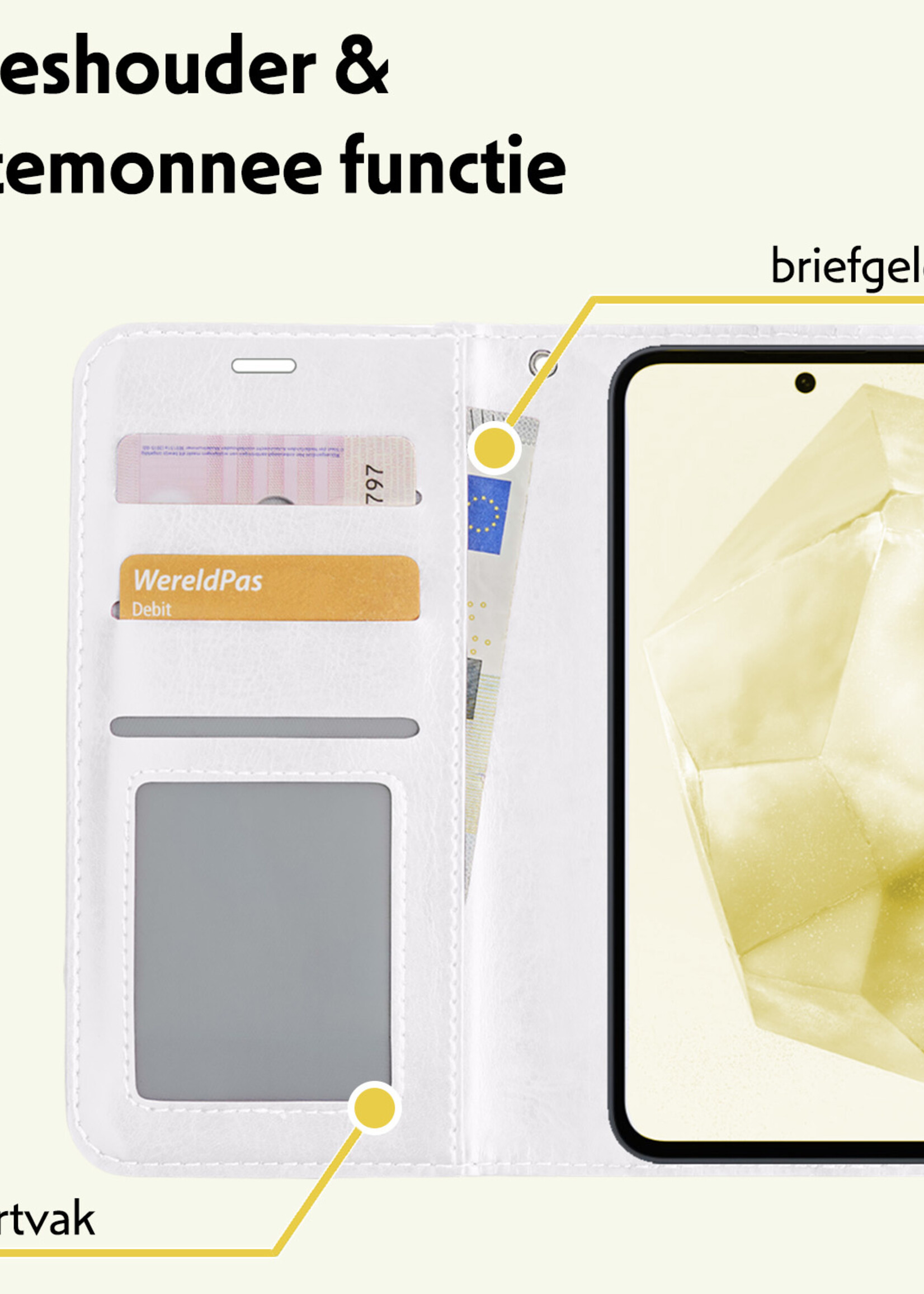 LUQ Hoesje Geschikt voor Samsung A35 Hoesje Book Case Hoes Wallet Cover Met 2x Screenprotector - Hoes Geschikt voor Samsung Galaxy A35 5G Hoesje Bookcase Hoes - Wit