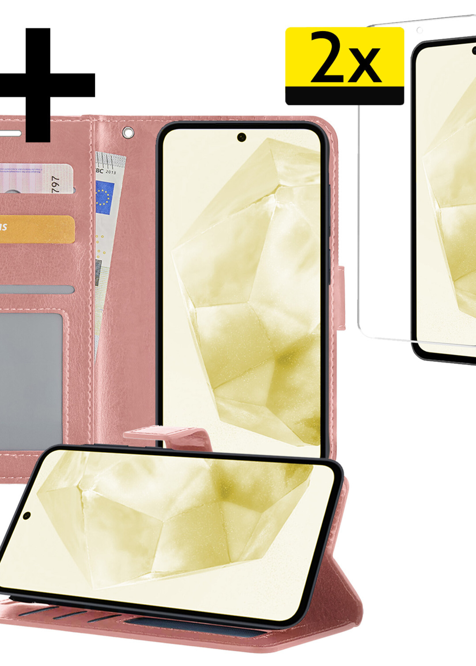 LUQ Hoesje Geschikt voor Samsung A35 Hoesje Book Case Hoes Wallet Cover Met 2x Screenprotector - Hoes Geschikt voor Samsung Galaxy A35 5G Hoesje Bookcase Hoes - Rosé goud
