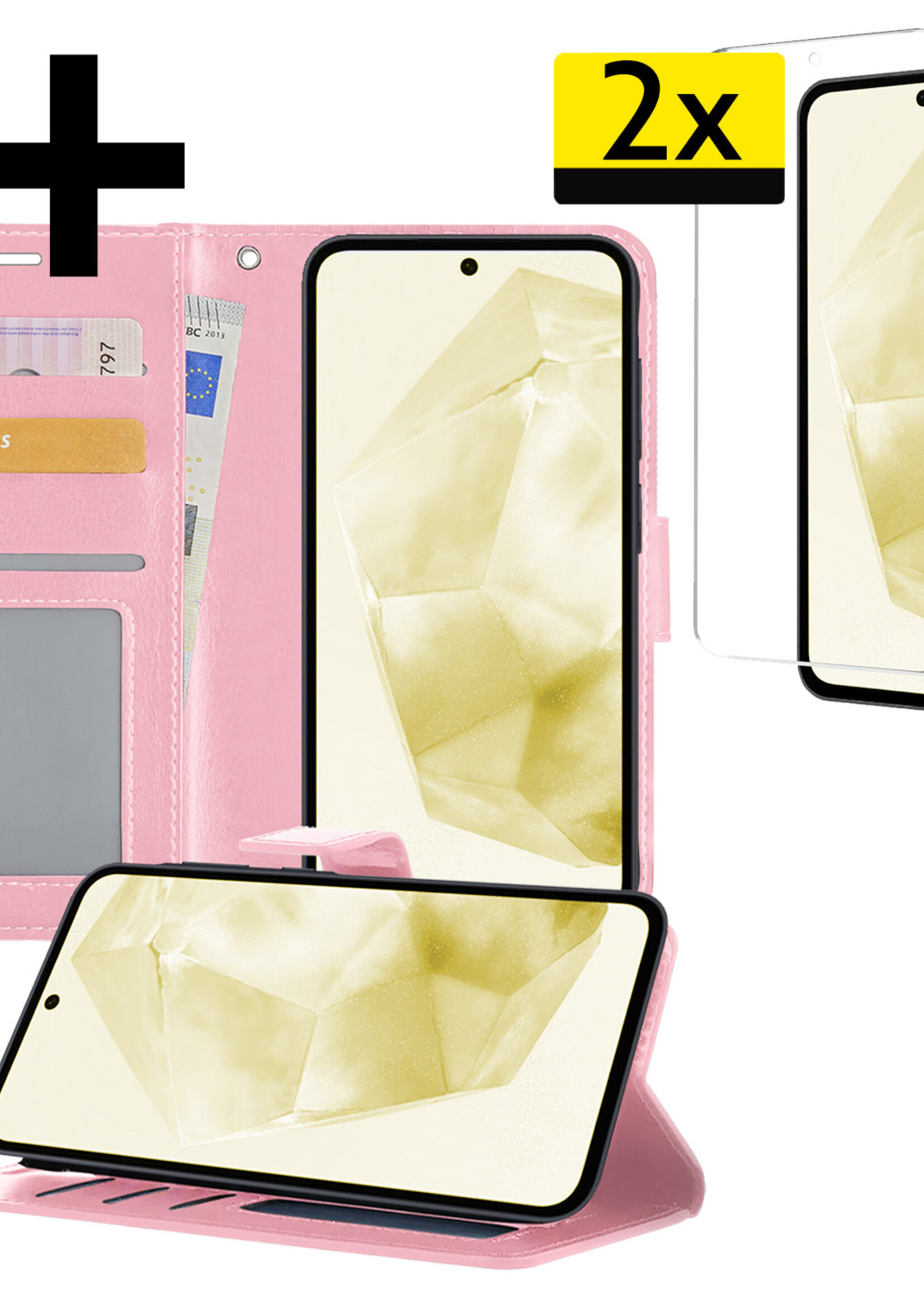 LUQ Hoesje Geschikt voor Samsung A35 Hoesje Book Case Hoes Wallet Cover Met 2x Screenprotector - Hoes Geschikt voor Samsung Galaxy A35 5G Hoesje Bookcase Hoes - Lichtroze