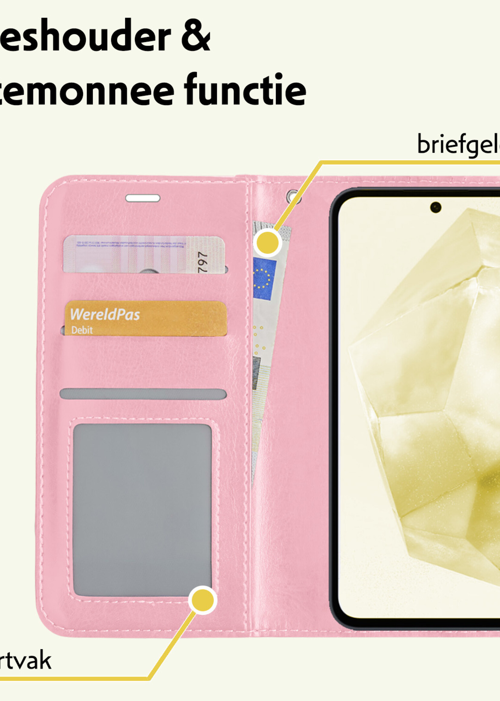 LUQ Hoesje Geschikt voor Samsung A35 Hoesje Book Case Hoes Wallet Cover Met 2x Screenprotector - Hoes Geschikt voor Samsung Galaxy A35 5G Hoesje Bookcase Hoes - Lichtroze