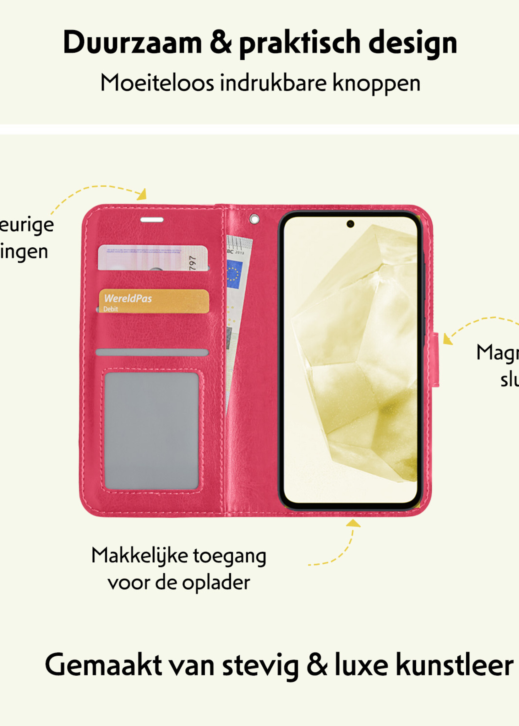 LUQ Hoesje Geschikt voor Samsung A35 Hoesje Book Case Hoes Wallet Cover Met 2x Screenprotector - Hoes Geschikt voor Samsung Galaxy A35 5G Hoesje Bookcase Hoes - Donkerroze