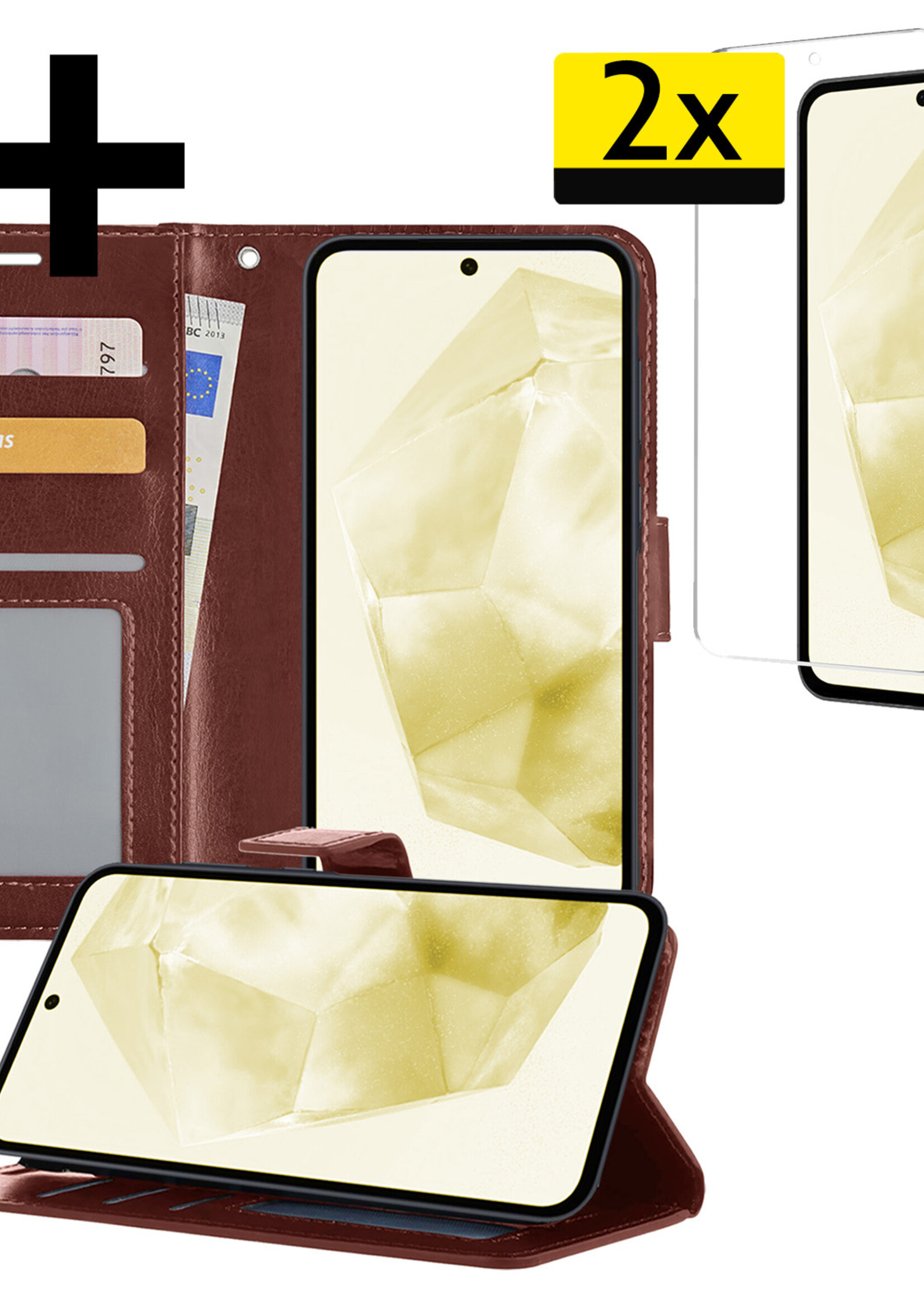 LUQ Hoesje Geschikt voor Samsung A35 Hoesje Book Case Hoes Wallet Cover Met 2x Screenprotector - Hoes Geschikt voor Samsung Galaxy A35 5G Hoesje Bookcase Hoes - Bruin