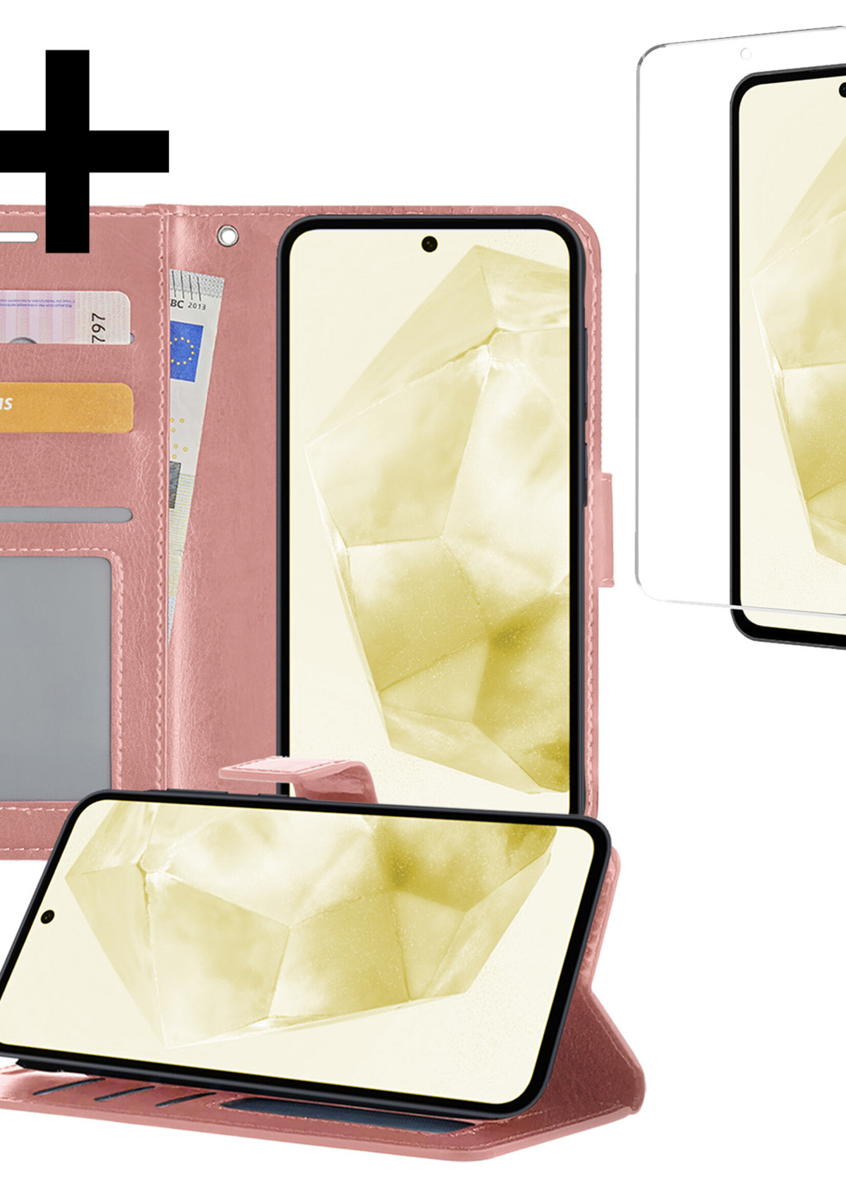 LUQ Hoesje Geschikt voor Samsung A35 Hoesje Book Case Hoes Wallet Cover Met Screenprotector - Hoes Geschikt voor Samsung Galaxy A35 5G Hoesje Bookcase Hoes - Rosé goud