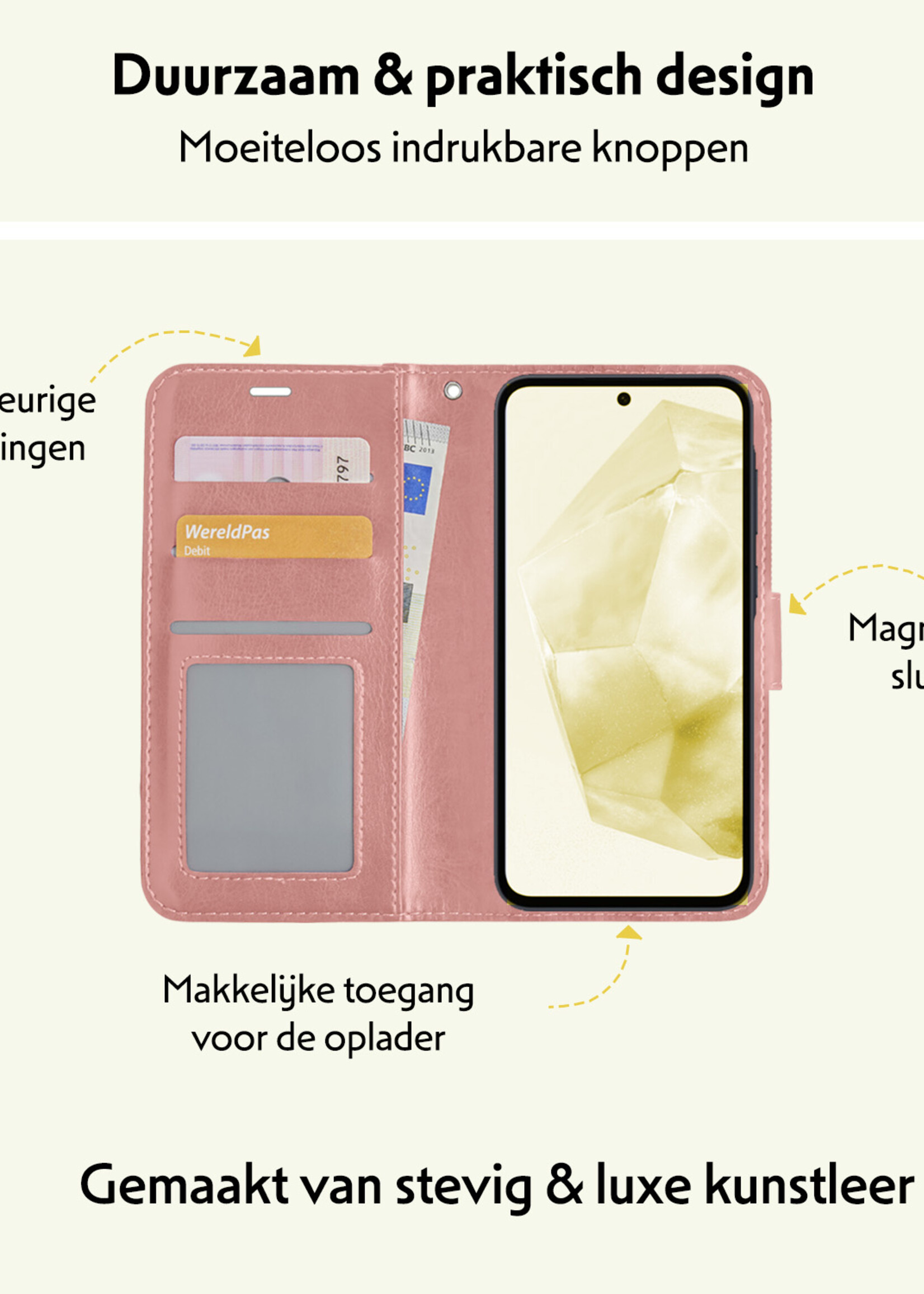 LUQ Hoesje Geschikt voor Samsung A35 Hoesje Book Case Hoes Wallet Cover Met Screenprotector - Hoes Geschikt voor Samsung Galaxy A35 5G Hoesje Bookcase Hoes - Rosé goud