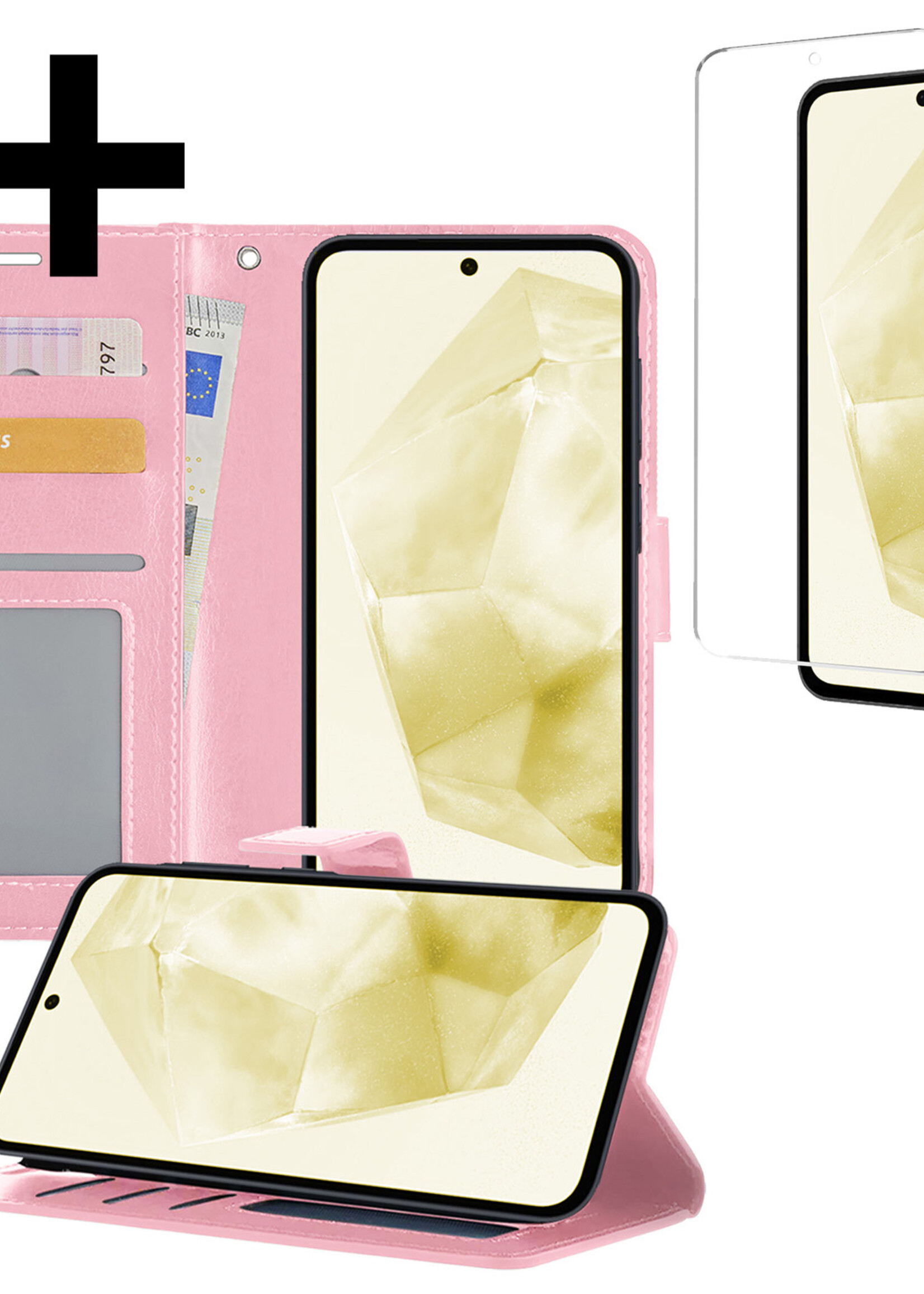 LUQ Hoesje Geschikt voor Samsung A35 Hoesje Book Case Hoes Wallet Cover Met Screenprotector - Hoes Geschikt voor Samsung Galaxy A35 5G Hoesje Bookcase Hoes - Lichtroze