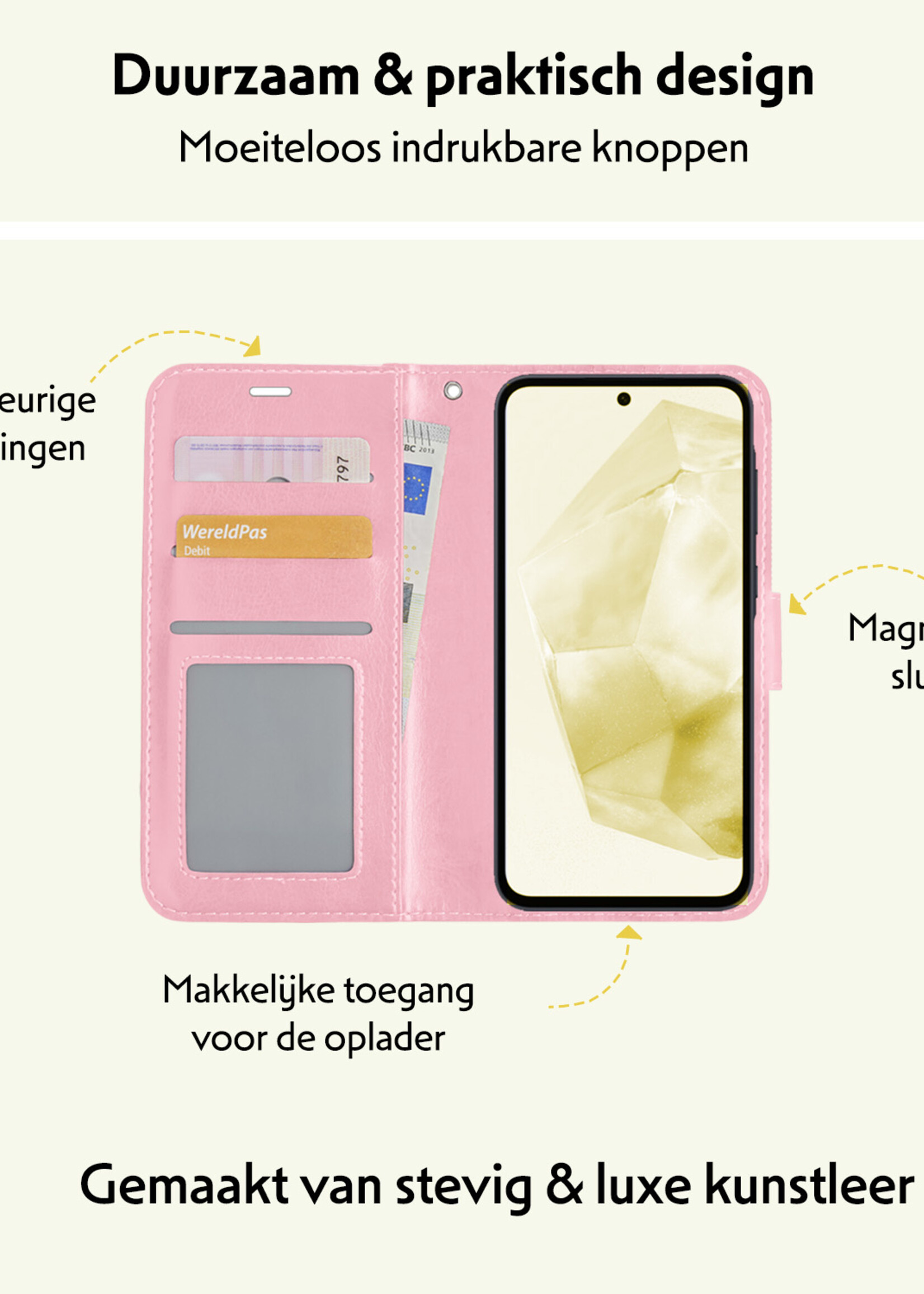 LUQ Hoesje Geschikt voor Samsung A35 Hoesje Book Case Hoes Wallet Cover Met Screenprotector - Hoes Geschikt voor Samsung Galaxy A35 5G Hoesje Bookcase Hoes - Lichtroze