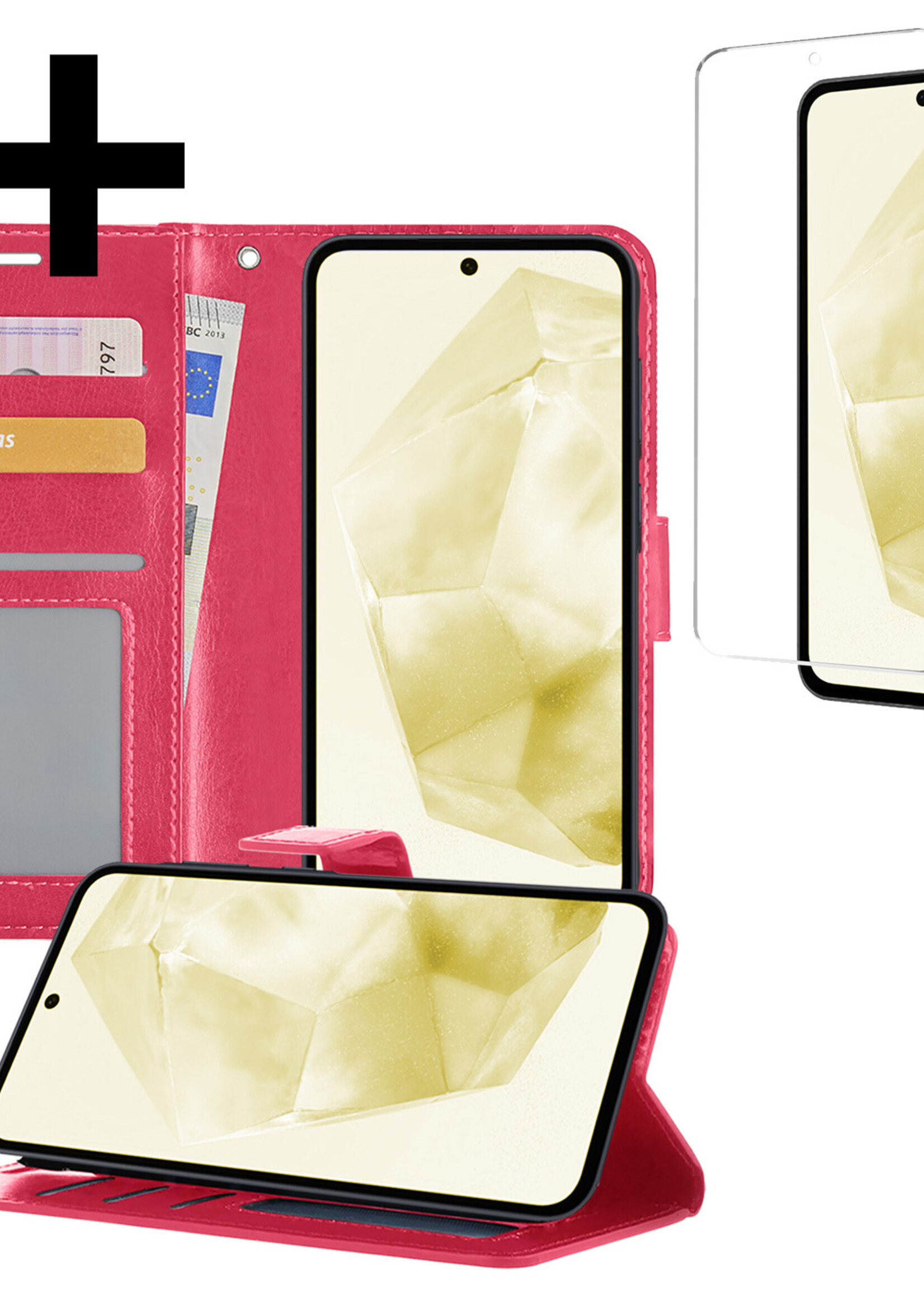 LUQ Hoesje Geschikt voor Samsung A35 Hoesje Book Case Hoes Wallet Cover Met Screenprotector - Hoes Geschikt voor Samsung Galaxy A35 5G Hoesje Bookcase Hoes - Donkerroze