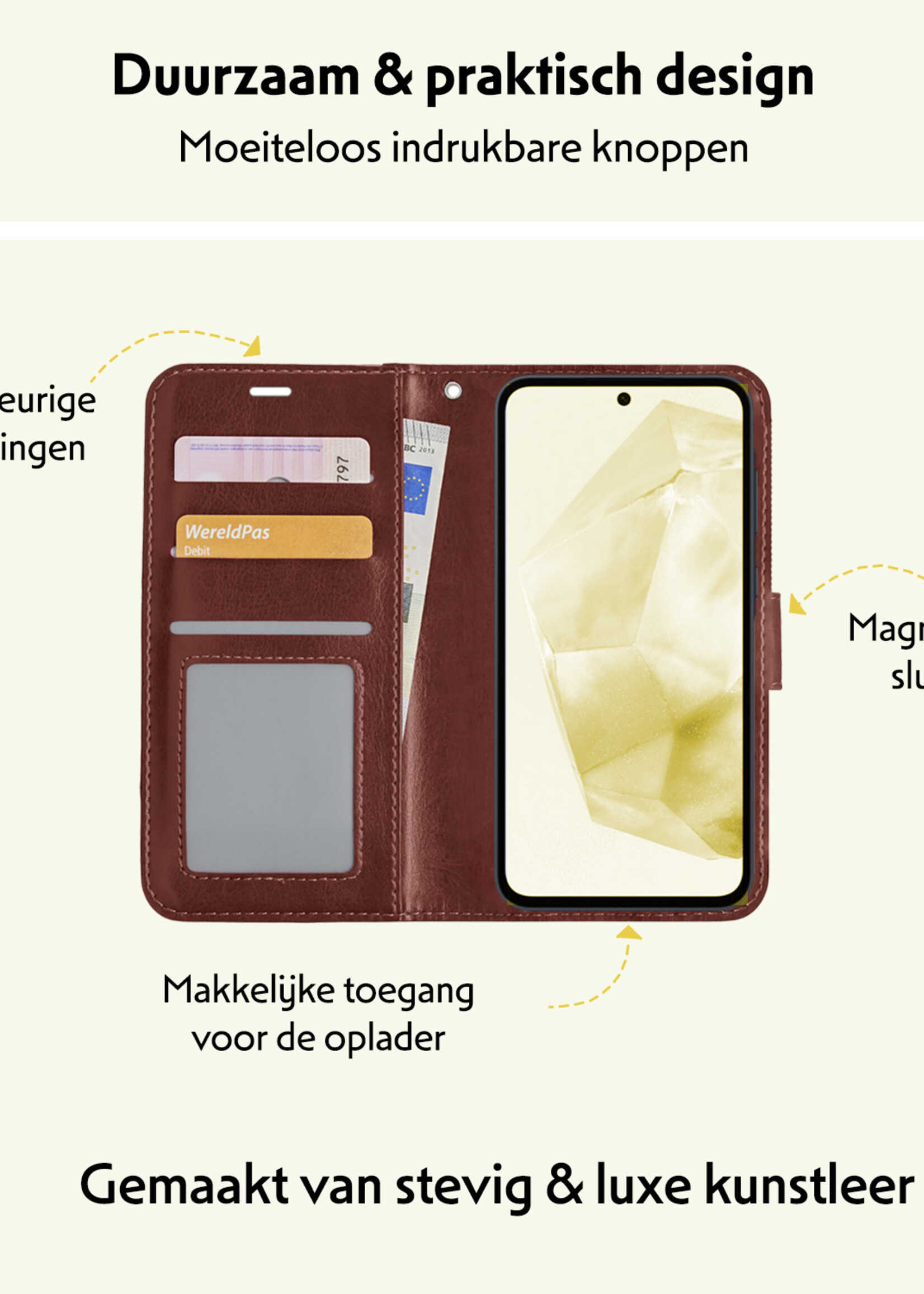 LUQ Hoesje Geschikt voor Samsung A35 Hoesje Book Case Hoes Wallet Cover Met Screenprotector - Hoes Geschikt voor Samsung Galaxy A35 5G Hoesje Bookcase Hoes - Bruin