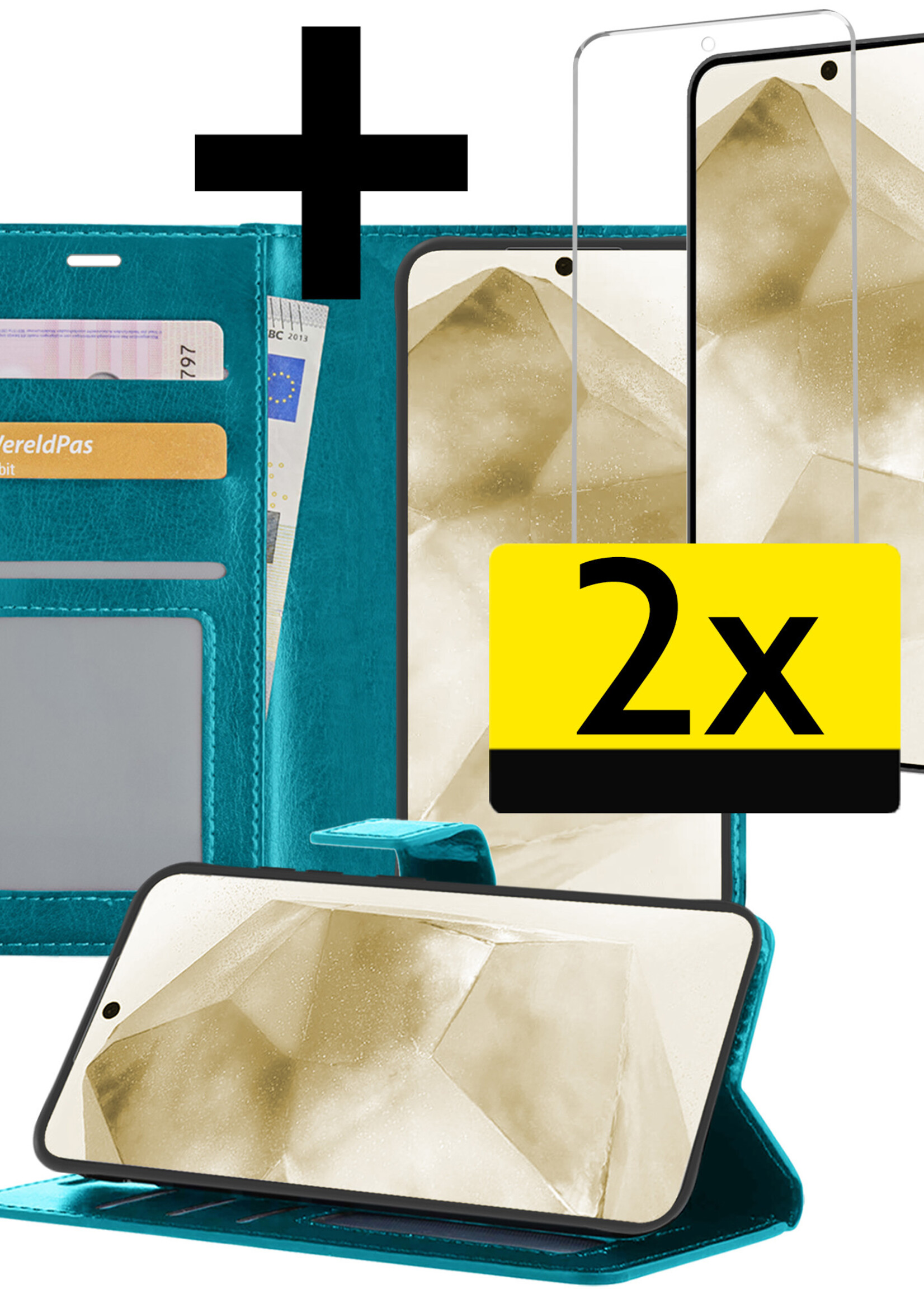 LUQ Hoesje Geschikt voor Samsung A55 Hoesje Book Case Hoes Wallet Cover Met 2x Screenprotector - Hoes Geschikt voor Samsung Galaxy A55 Hoesje Bookcase Hoes - Turquoise