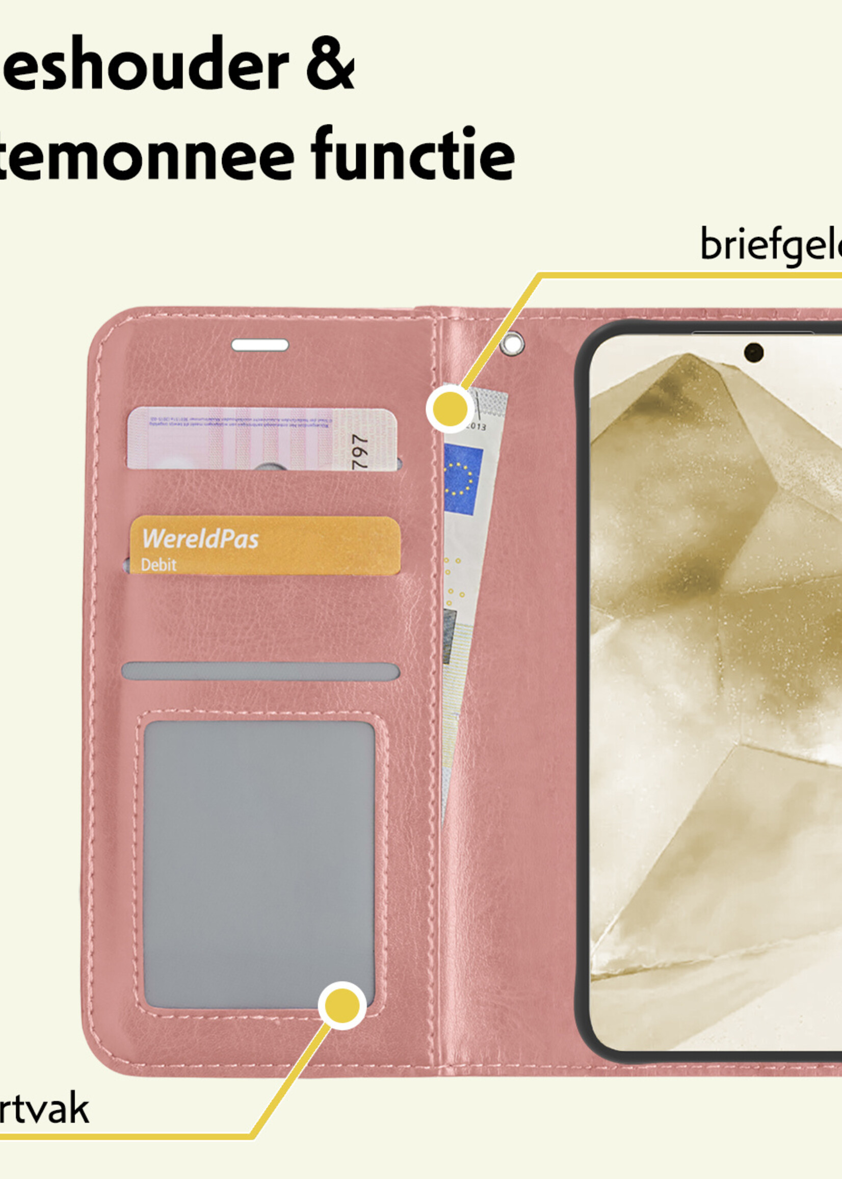 LUQ Hoesje Geschikt voor Samsung A55 Hoesje Book Case Hoes Wallet Cover Met 2x Screenprotector - Hoes Geschikt voor Samsung Galaxy A55 Hoesje Bookcase Hoes - Rosé goud