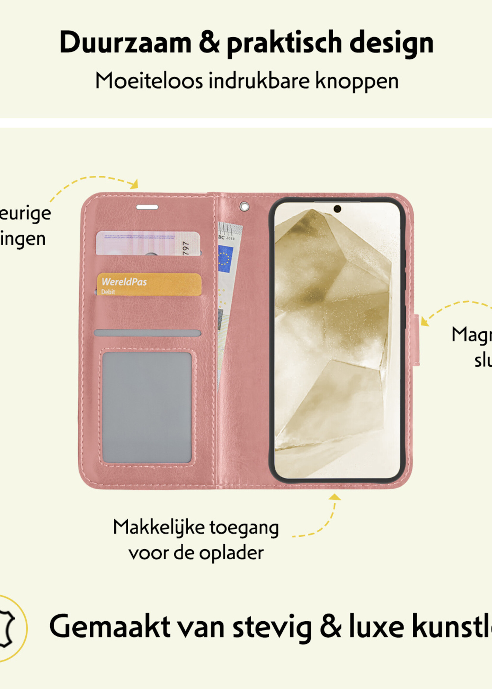 LUQ Hoesje Geschikt voor Samsung A55 Hoesje Book Case Hoes Wallet Cover Met 2x Screenprotector - Hoes Geschikt voor Samsung Galaxy A55 Hoesje Bookcase Hoes - Rosé goud