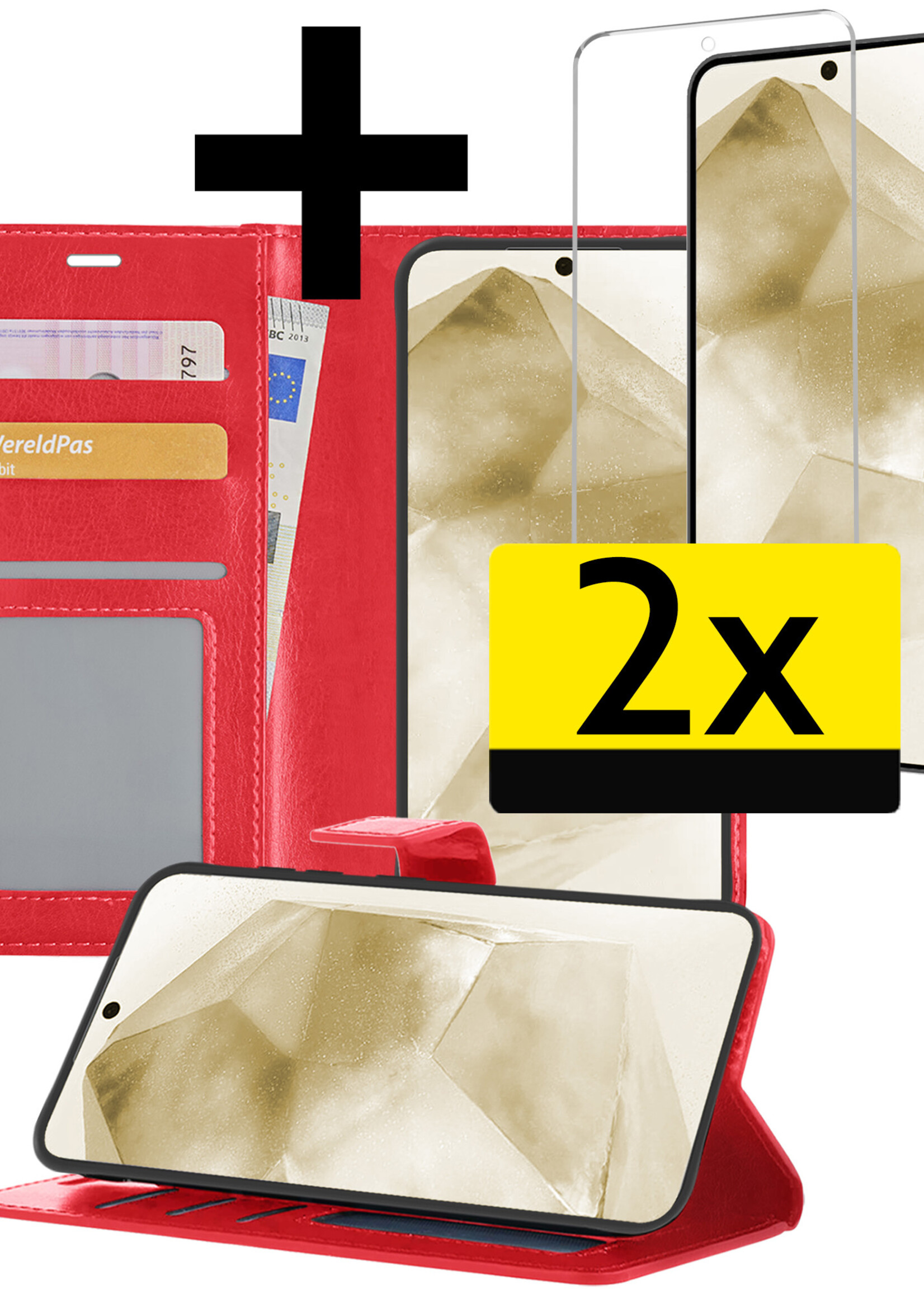 LUQ Hoesje Geschikt voor Samsung A55 Hoesje Book Case Hoes Wallet Cover Met 2x Screenprotector - Hoes Geschikt voor Samsung Galaxy A55 Hoesje Bookcase Hoes - Rood