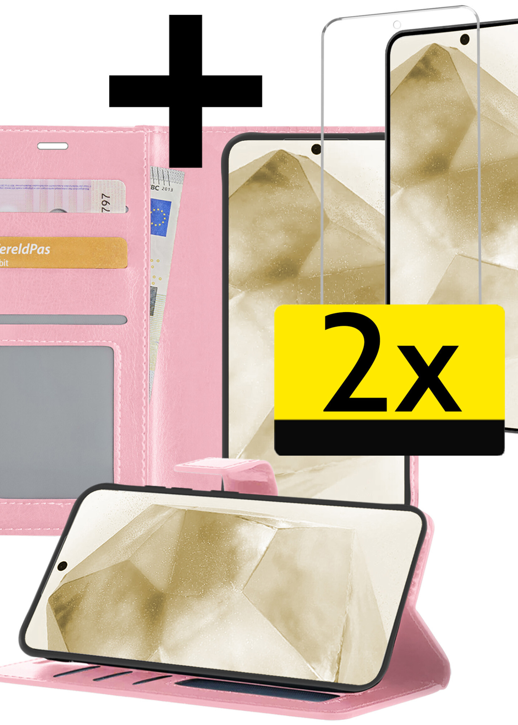 LUQ Hoesje Geschikt voor Samsung A55 Hoesje Book Case Hoes Wallet Cover Met 2x Screenprotector - Hoes Geschikt voor Samsung Galaxy A55 Hoesje Bookcase Hoes - Lichtroze