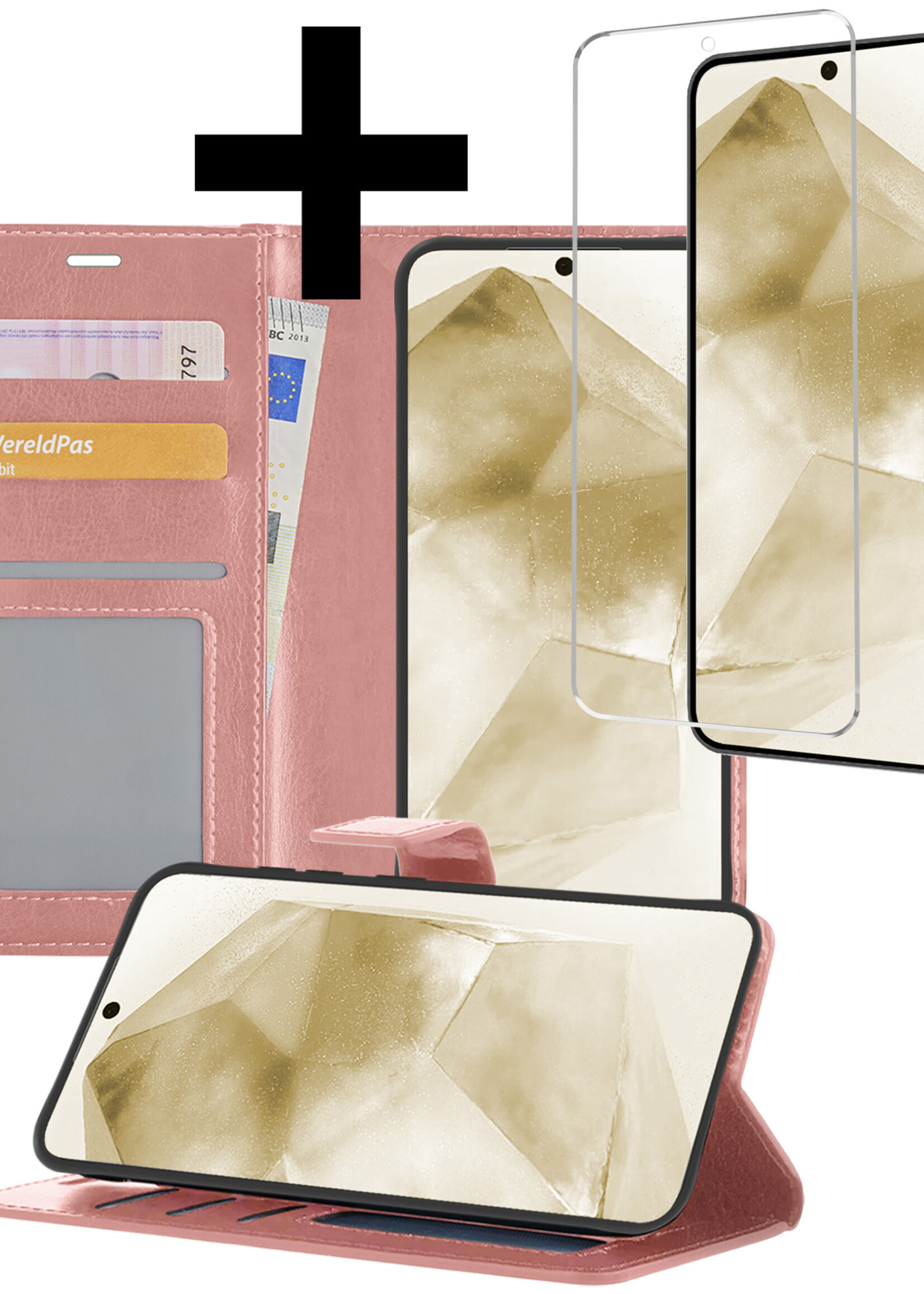 LUQ Hoesje Geschikt voor Samsung A55 Hoesje Book Case Hoes Wallet Cover Met Screenprotector - Hoes Geschikt voor Samsung Galaxy A55 Hoesje Bookcase Hoes - Rosé goud