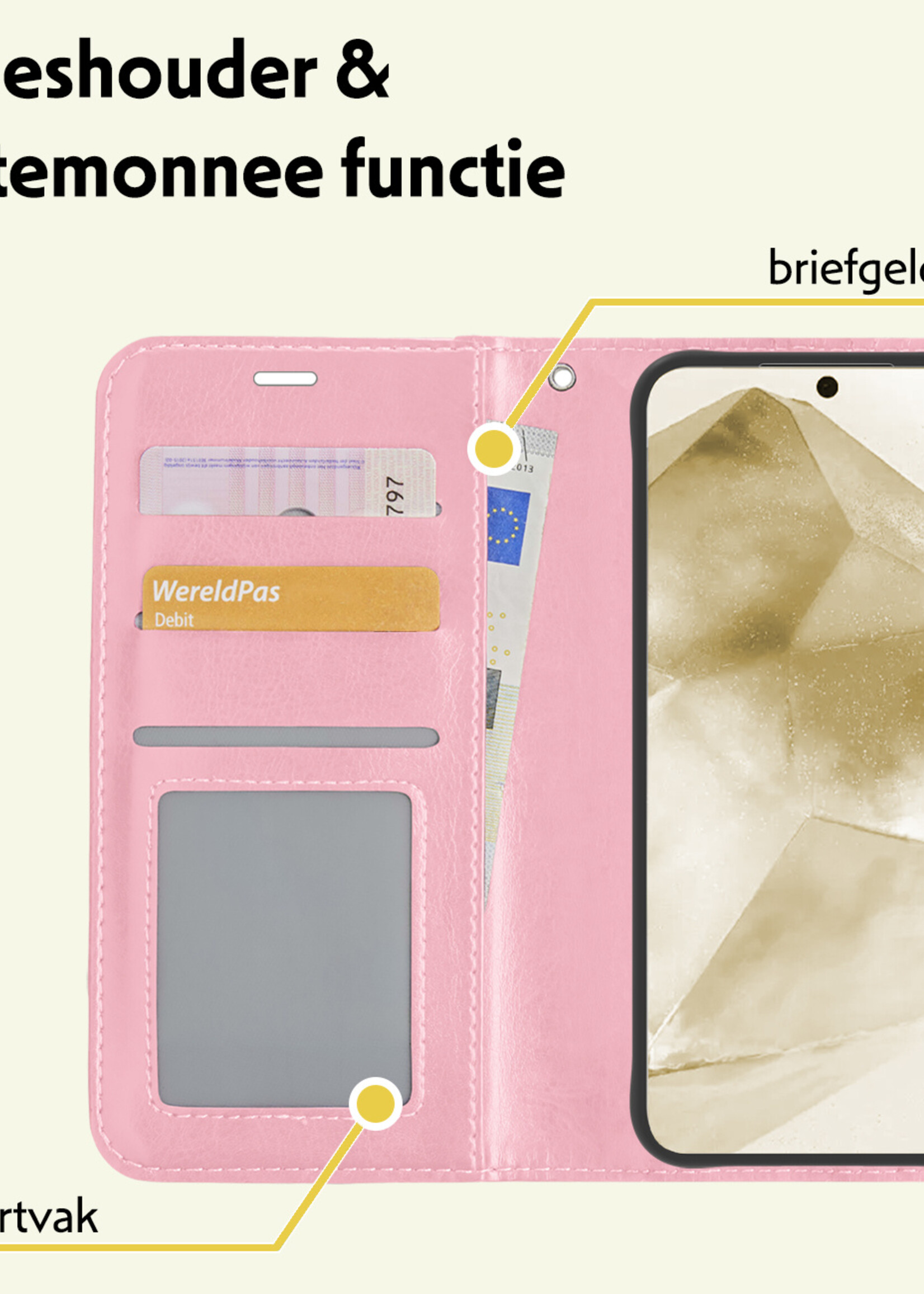 LUQ Hoesje Geschikt voor Samsung A55 Hoesje Book Case Hoes Wallet Cover Met Screenprotector - Hoes Geschikt voor Samsung Galaxy A55 Hoesje Bookcase Hoes - Lichtroze