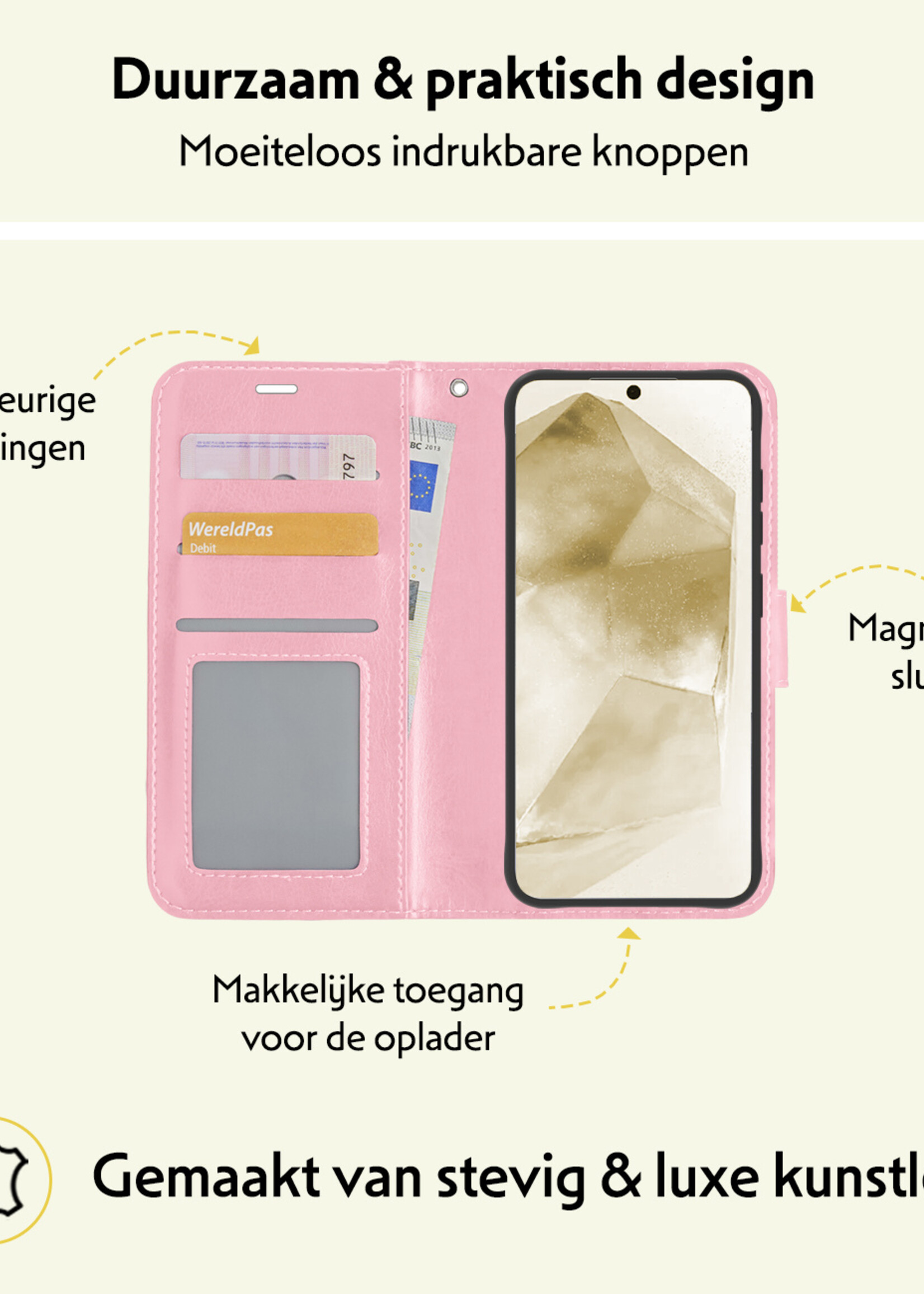 LUQ Hoesje Geschikt voor Samsung A55 Hoesje Book Case Hoes Wallet Cover Met Screenprotector - Hoes Geschikt voor Samsung Galaxy A55 Hoesje Bookcase Hoes - Lichtroze