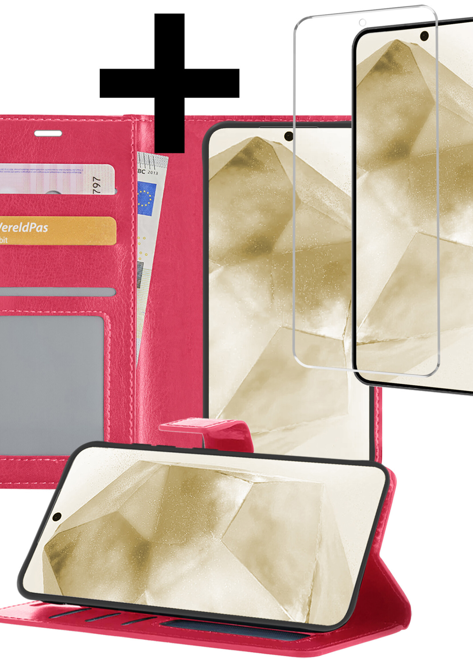 LUQ Hoesje Geschikt voor Samsung A55 Hoesje Book Case Hoes Wallet Cover Met Screenprotector - Hoes Geschikt voor Samsung Galaxy A55 Hoesje Bookcase Hoes - Donkerroze