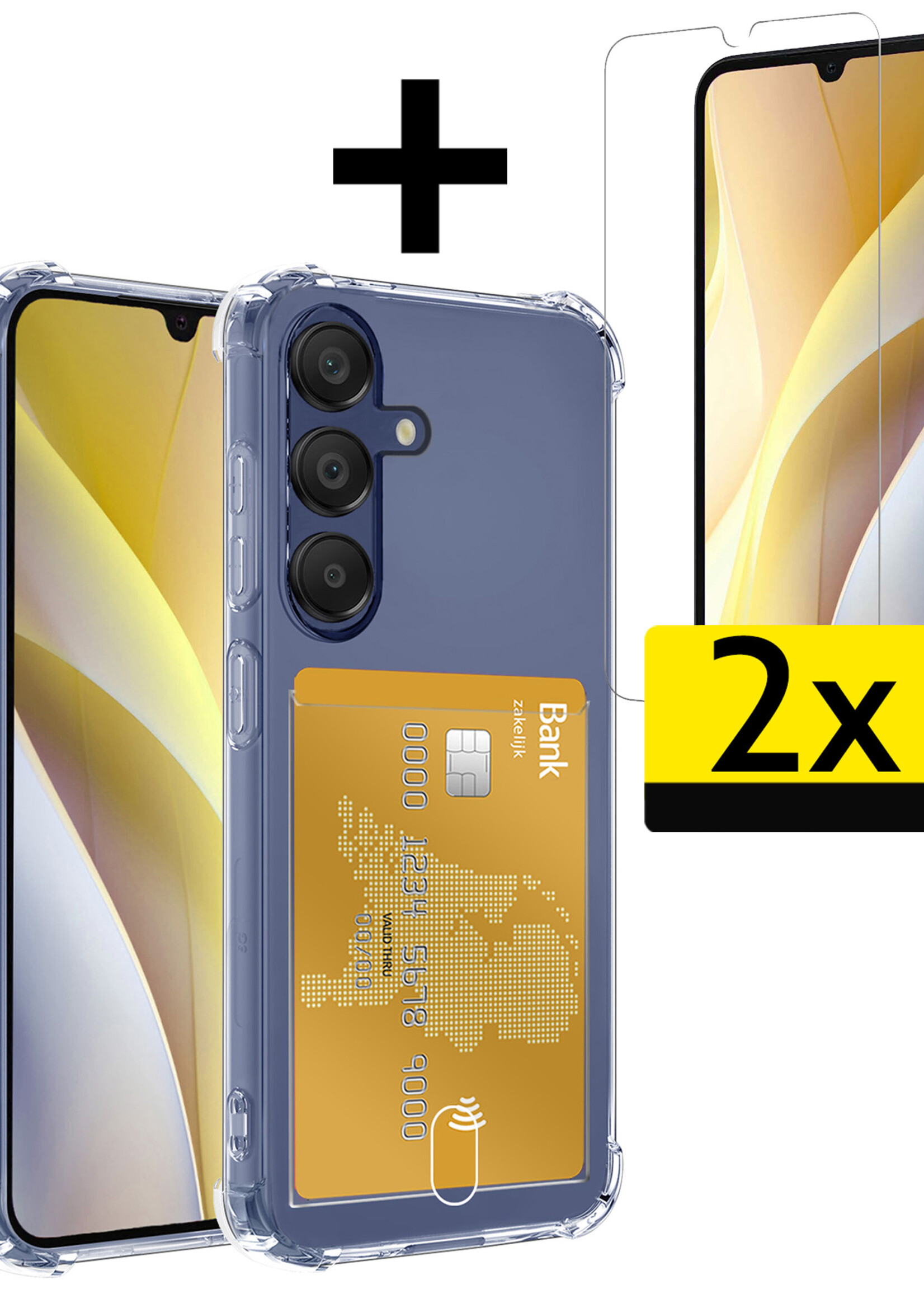 LUQ Hoesje Geschikt voor Samsung A15 Hoesje Case Pashouder Cover Siliconen Met 2x Screenprotector - Hoes Geschikt voor Samsung Galaxy A15 Hoesje Met Kaarthouder- Transparant