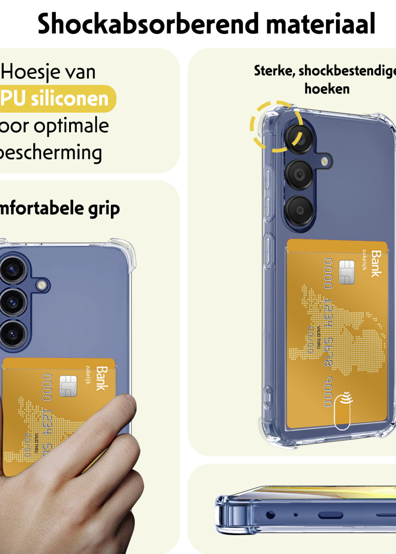 LUQ Hoesje Geschikt voor Samsung A15 Hoesje Case Pashouder Cover Siliconen Met 2x Screenprotector - Hoes Geschikt voor Samsung Galaxy A15 Hoesje Met Kaarthouder- Transparant