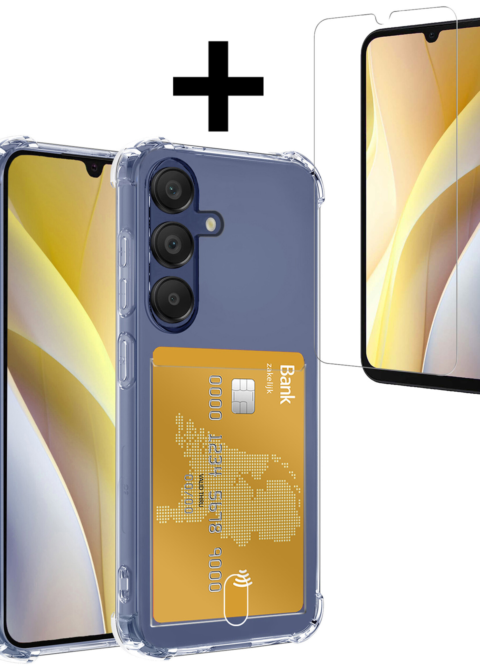 LUQ Hoesje Geschikt voor Samsung A15 Hoesje Case Pashouder Cover Siliconen Met Screenprotector - Hoes Geschikt voor Samsung Galaxy A15 Hoesje Met Kaarthouder- Transparant