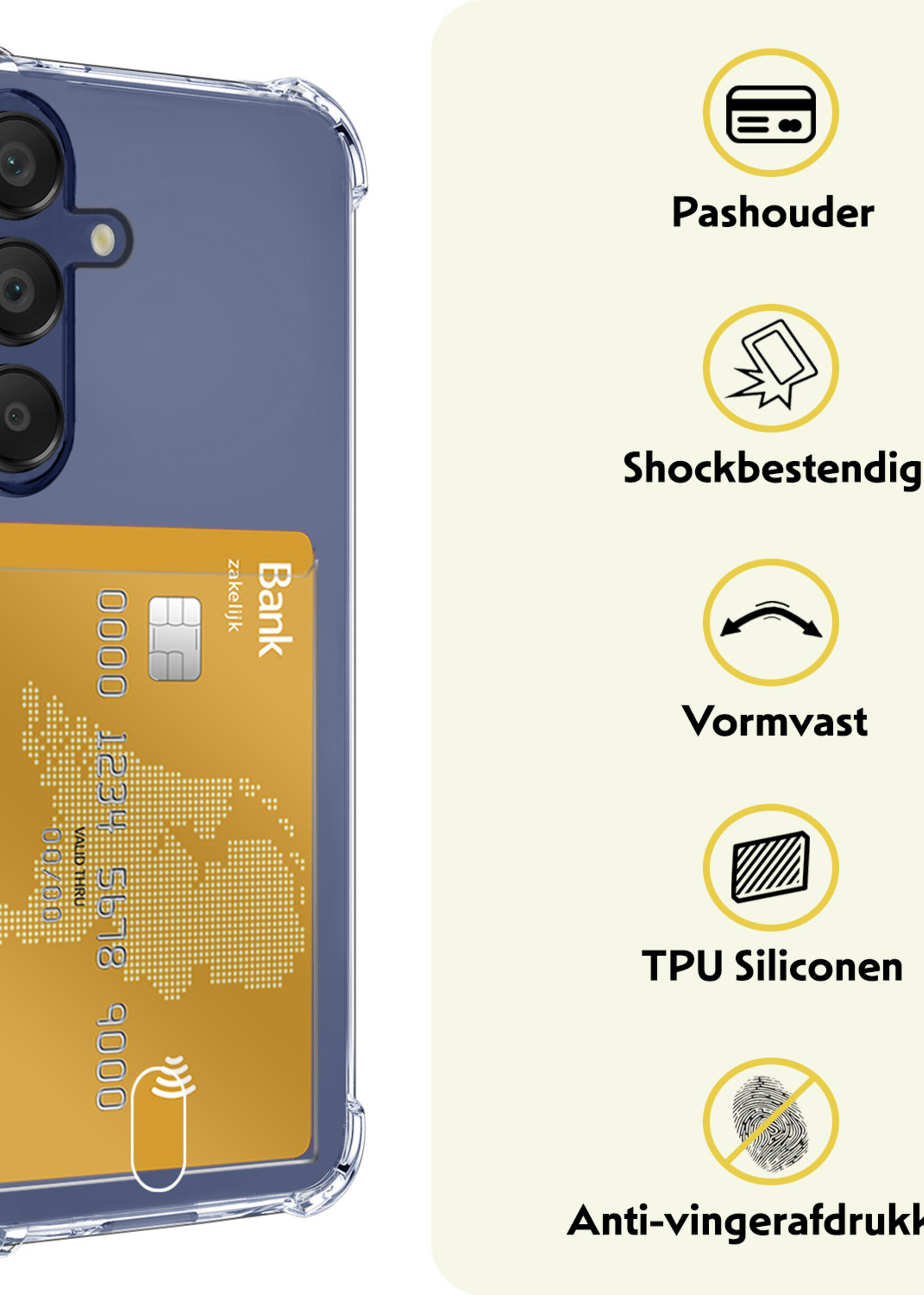 LUQ Hoesje Geschikt voor Samsung A15 Hoesje Case Pashouder Cover Siliconen Met Screenprotector - Hoes Geschikt voor Samsung Galaxy A15 Hoesje Met Kaarthouder- Transparant