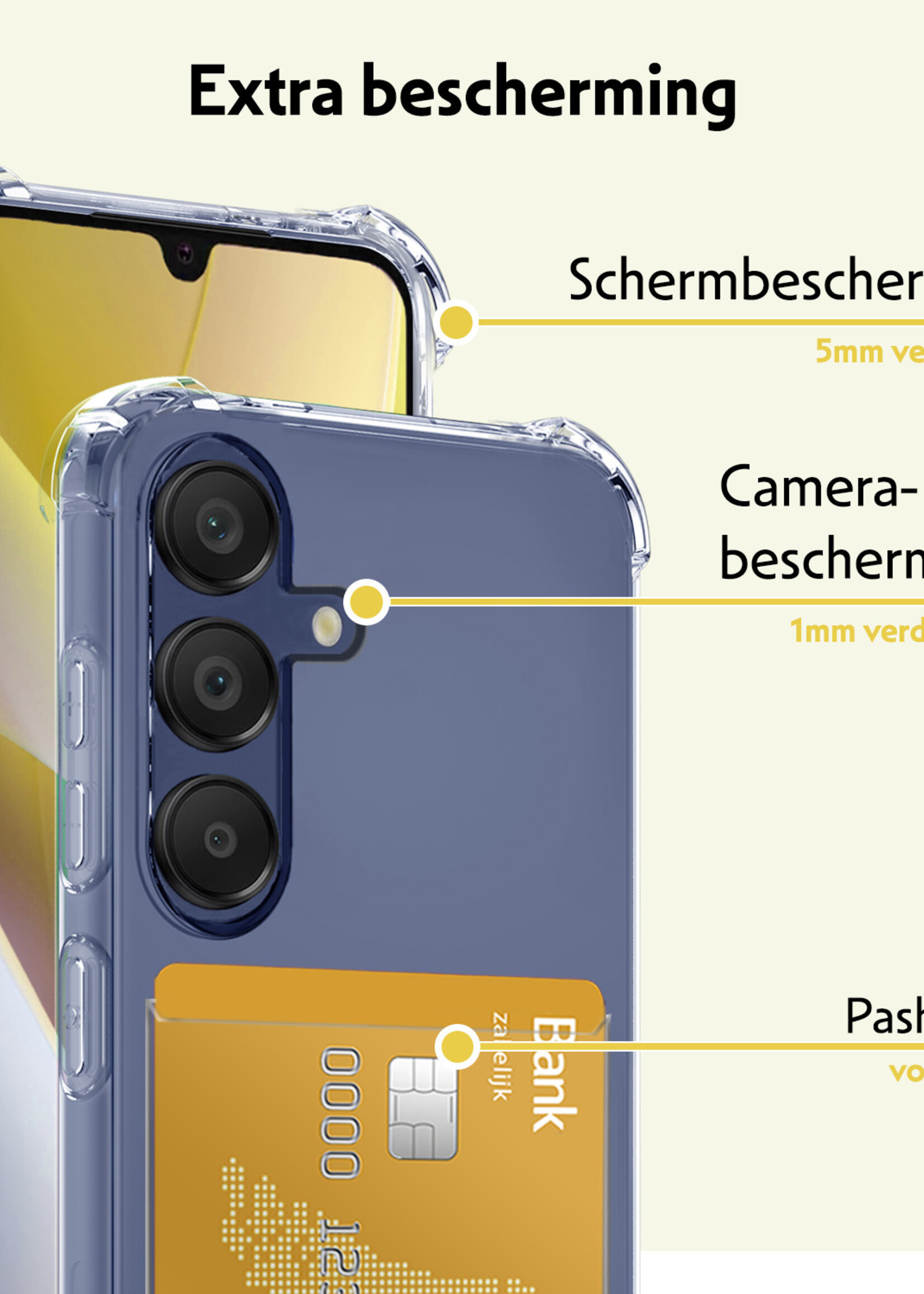 LUQ Hoesje Geschikt voor Samsung A15 Hoesje Case Pashouder Cover Siliconen Met Screenprotector - Hoes Geschikt voor Samsung Galaxy A15 Hoesje Met Kaarthouder- Transparant