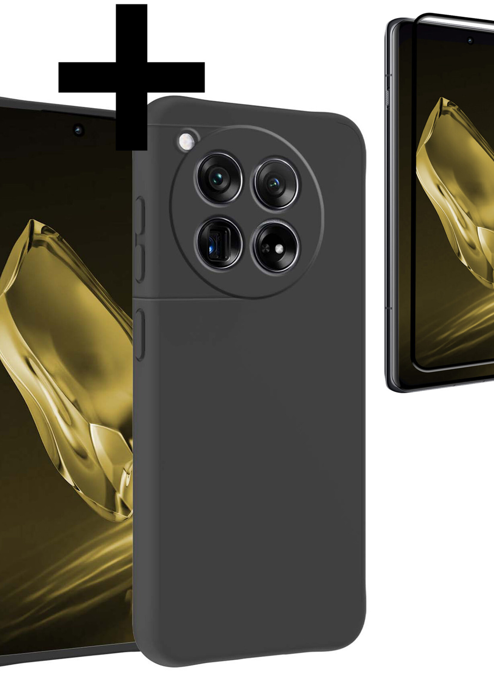 LUQ Hoesje Geschikt voor OnePlus 12 Hoesje Siliconen Case Met Screenprotector - Hoes Geschikt voor OnePlus 12 Hoes Siliconen - Zwart