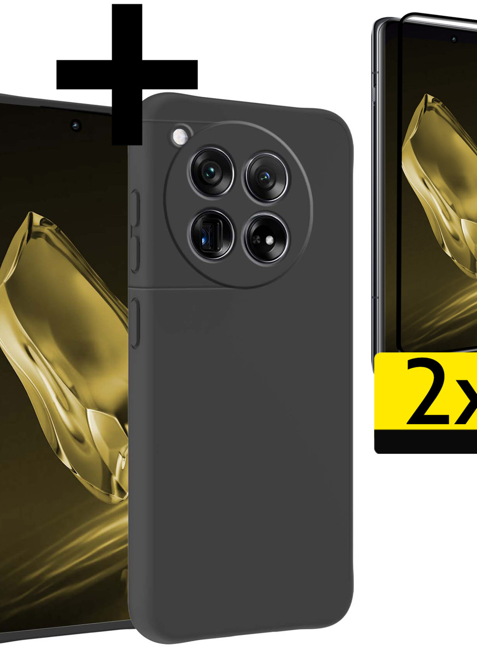 LUQ Hoesje Geschikt voor OnePlus 12 Hoesje Siliconen Case Met 2x Screenprotector - Hoes Geschikt voor OnePlus 12 Hoes Siliconen - Zwart