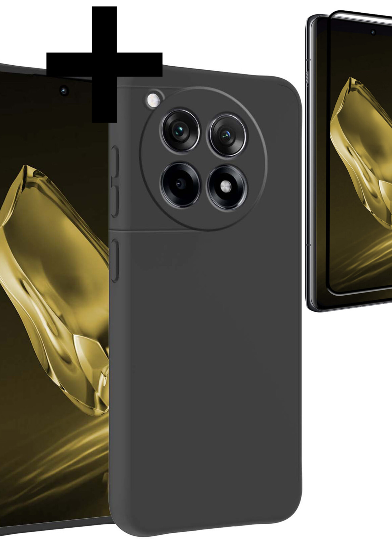 LUQ Hoesje Geschikt voor OnePlus 12R Hoesje Siliconen Case Met Screenprotector - Hoes Geschikt voor OnePlus 12R Hoes Siliconen - Zwart