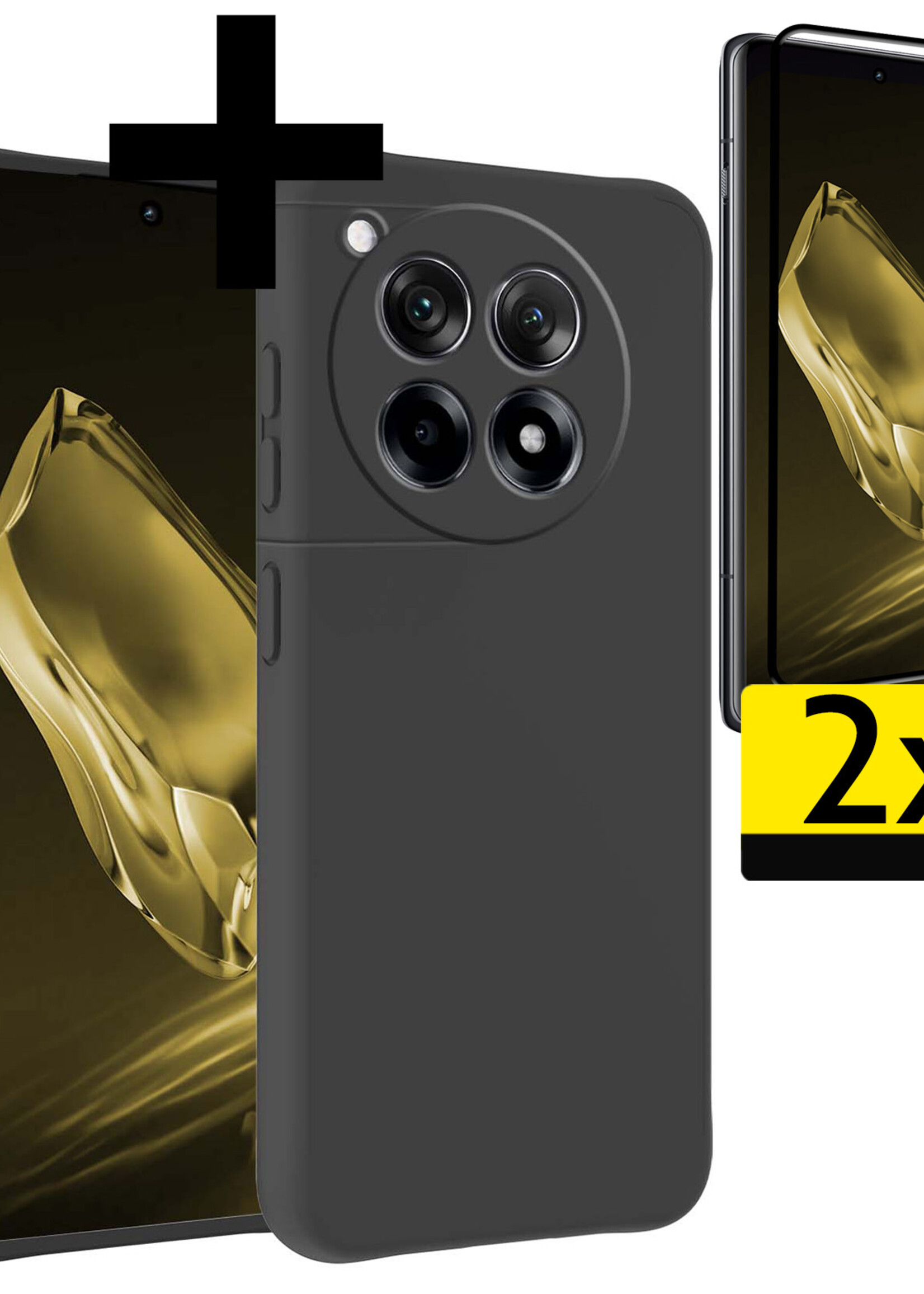 LUQ Hoesje Geschikt voor OnePlus 12R Hoesje Siliconen Case Met 2x Screenprotector - Hoes Geschikt voor OnePlus 12R Hoes Siliconen - Zwart